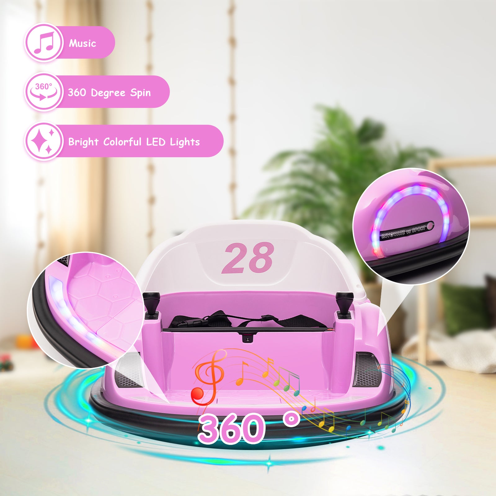 12V Kids Bumper Car with Remote Control, Battery Display, 360-Degree Spin, LED Lights, and Music Trend Times 4