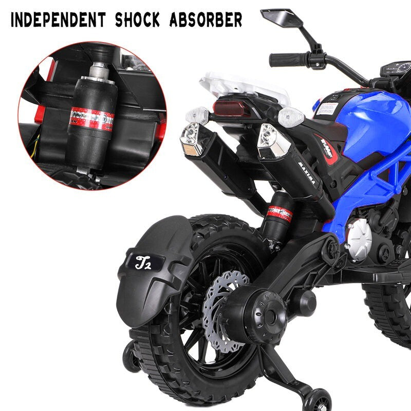 12V Kids Ride-On Motorcycle Toy with Training Wheels 1.8-3.2mph for Ages 3-6 Blue Trend Times 4
