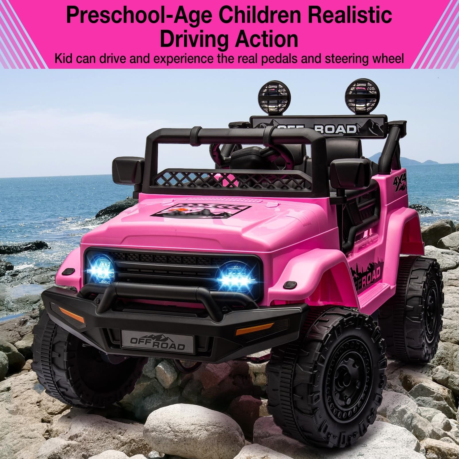 12V Kids 2-Seater Electric Ride-On Truck with LED Lights Pink Trend Times 8