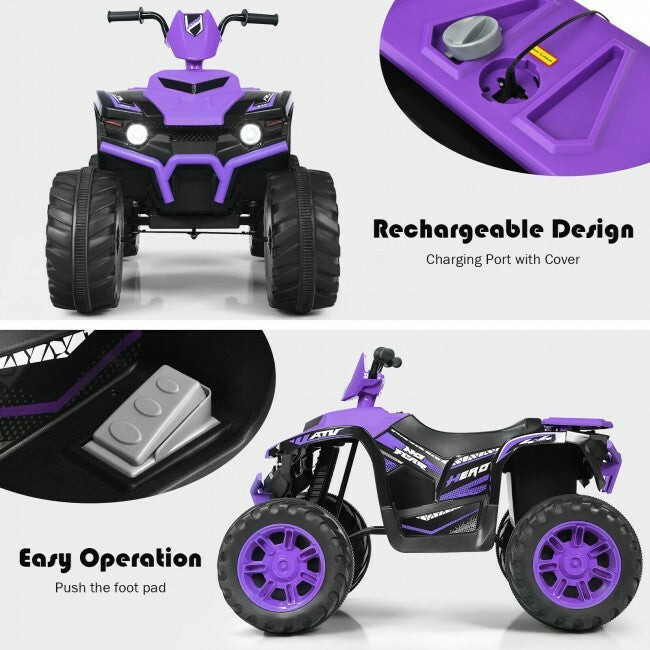 12V Kids 4-Wheeler ATV Ride-On Car with LED Lights and Music Purple Trend Times 11