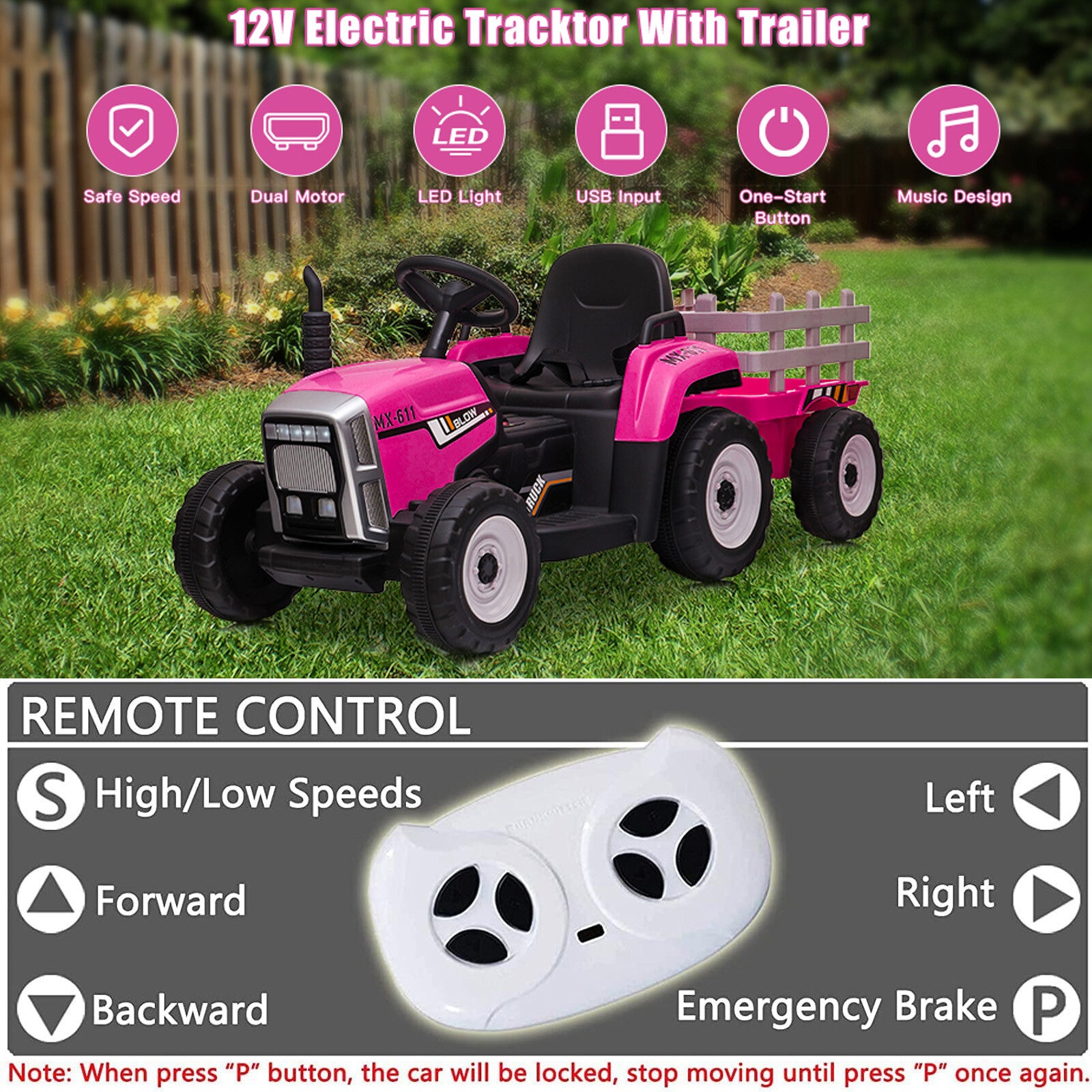 12V Battery-Powered Electric Kids Tractor with Trailer Toddler Ride-On Car and Remote Control Trend Times 3