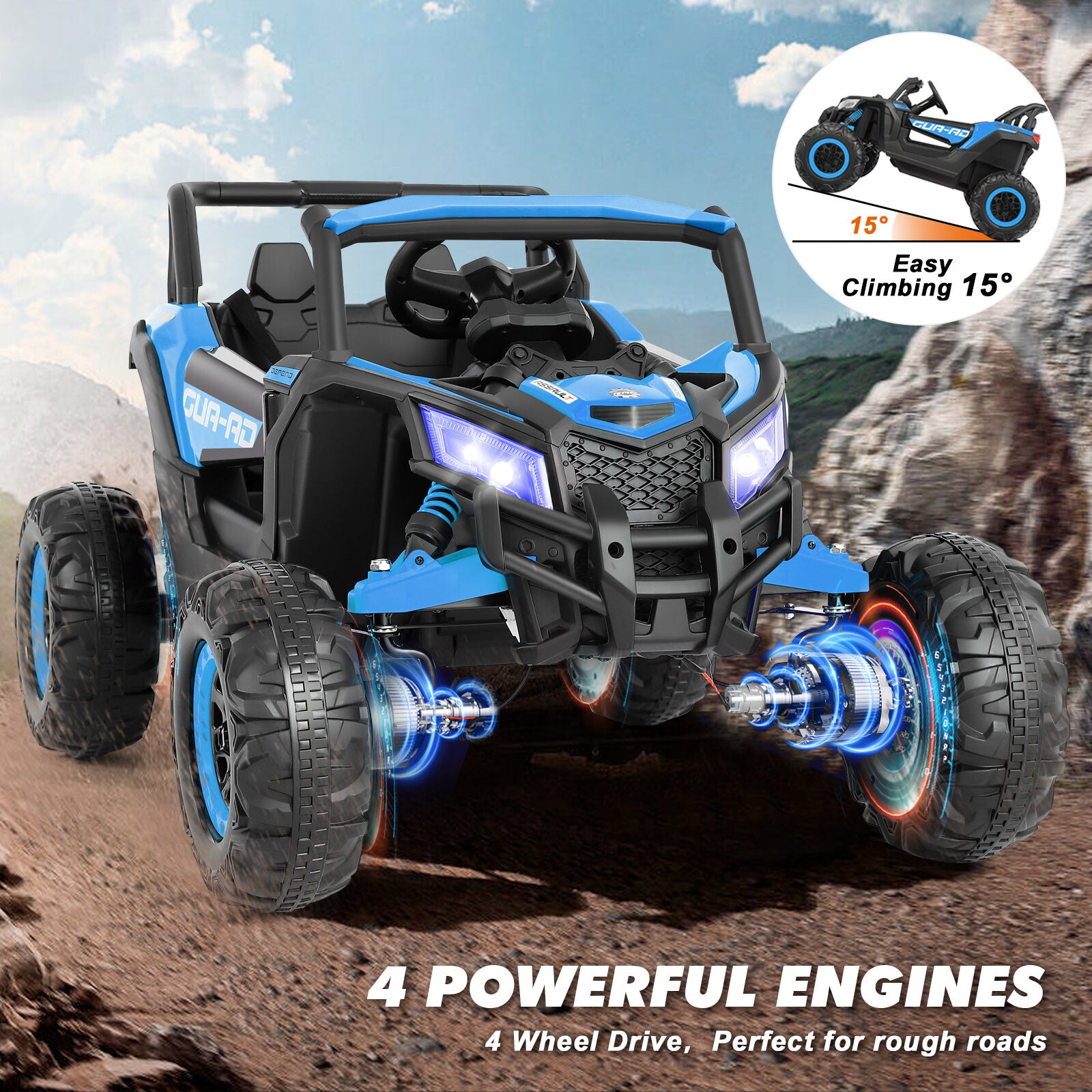12V Blue Kids Electric Off-Road Ride-On UTV Vehicle with Music, LED Lights, and Remote Control Trend Times 3