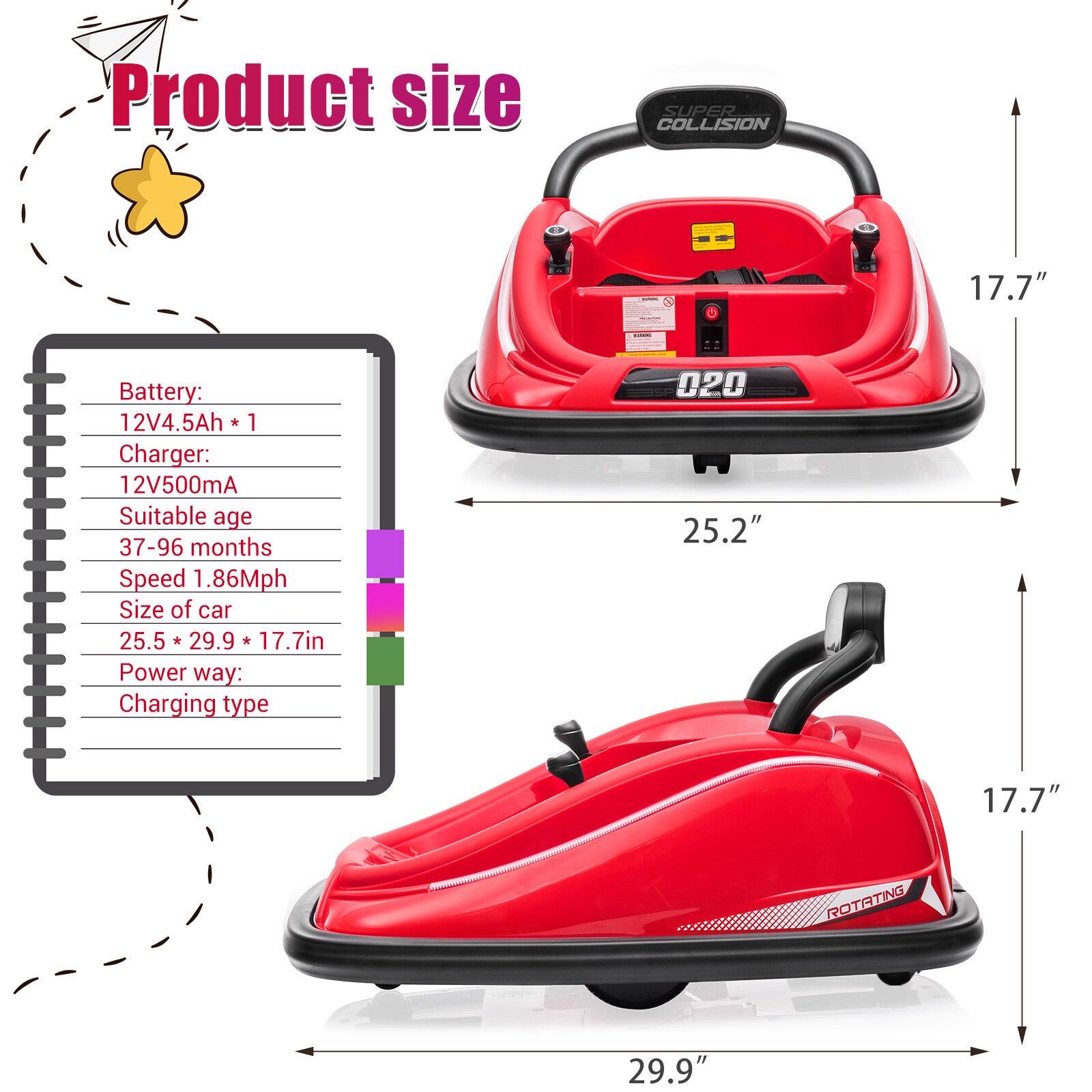 12V Kids Twin Bumper Car with Parent Remote Control, Lights, and 360° Rotation Motor Trend Times 1