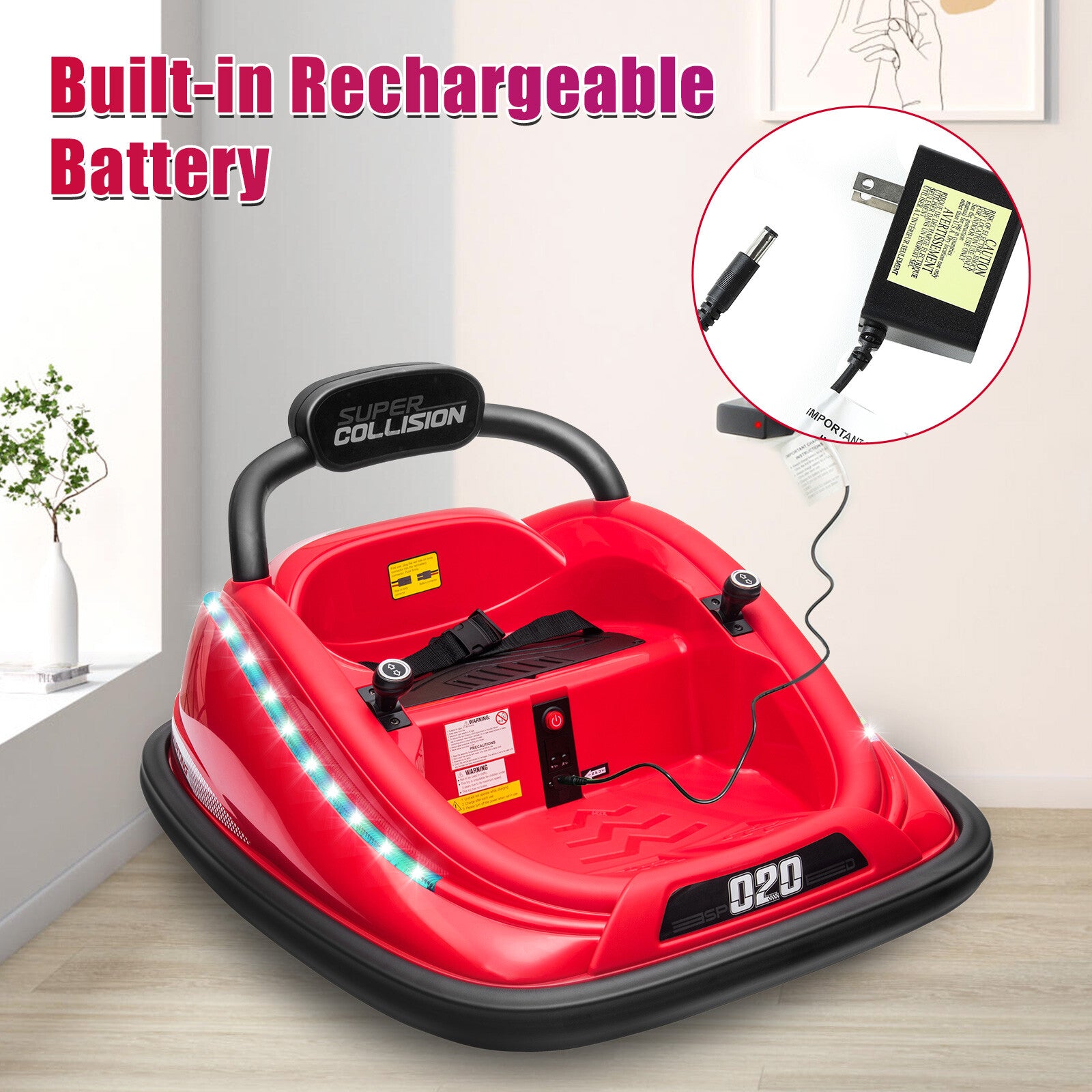 12V Kids Twin Bumper Car with Parent Remote Control, Lights, and 360° Rotation Motor Trend Times 12