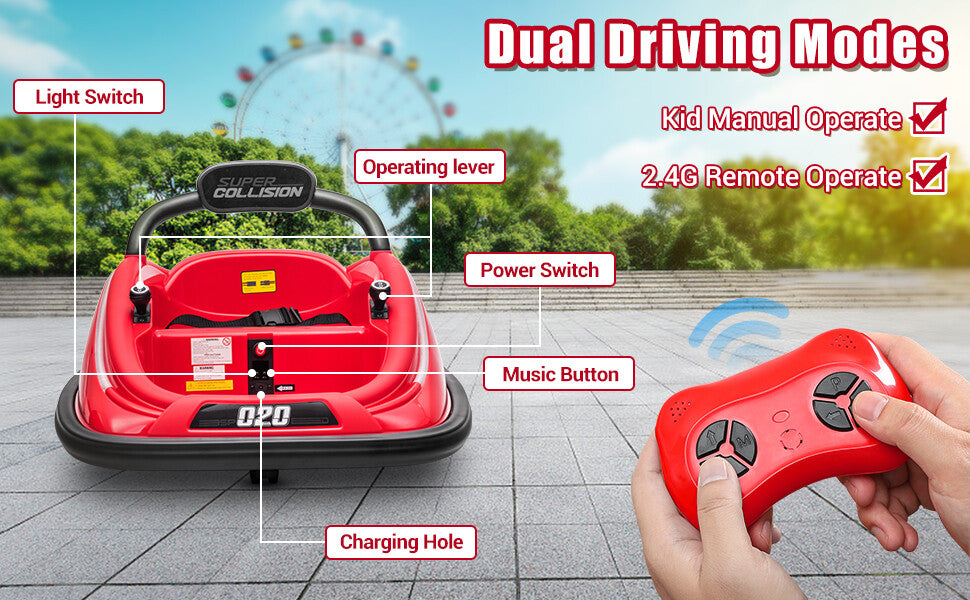 12V Kids Twin Bumper Car with Parent Remote Control, Lights, and 360° Rotation Motor Trend Times 9