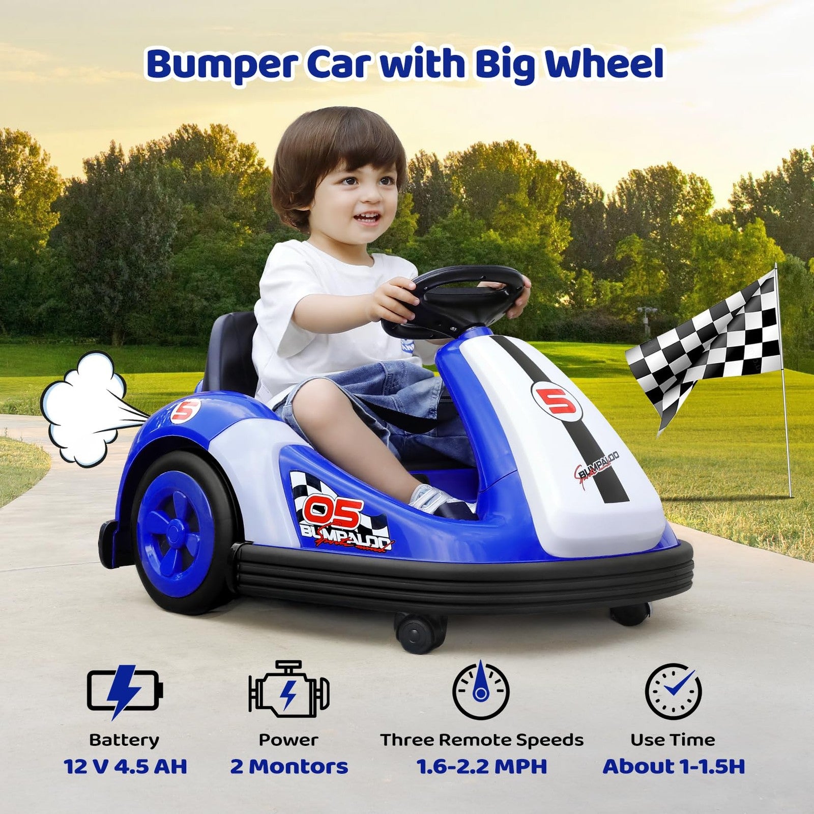 12V Kids Bumper Car with Large Wheels, 2.2 MPH Max Speed, Toddler Ride-On Car with Remote Control Trend Times 2