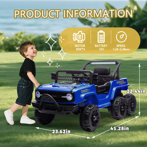 12V Kids 6-Wheel Electric Ride-On Jeep Truck with Remote, LED Lights, and Bluetooth - Blue Trend Times 4