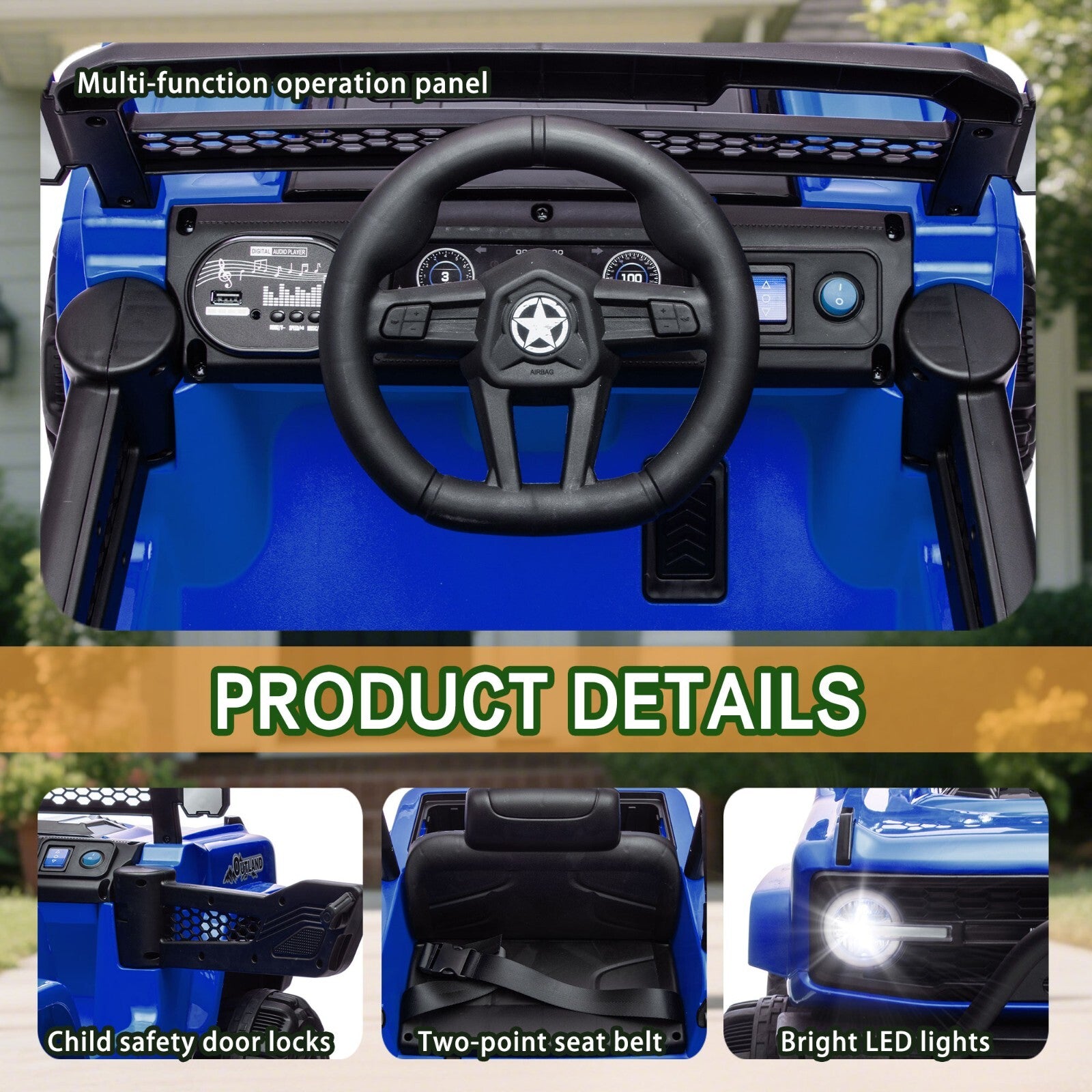 12V Kids 6-Wheel Electric Ride-On Jeep Truck with Remote, LED Lights, and Bluetooth - Blue Trend Times 6
