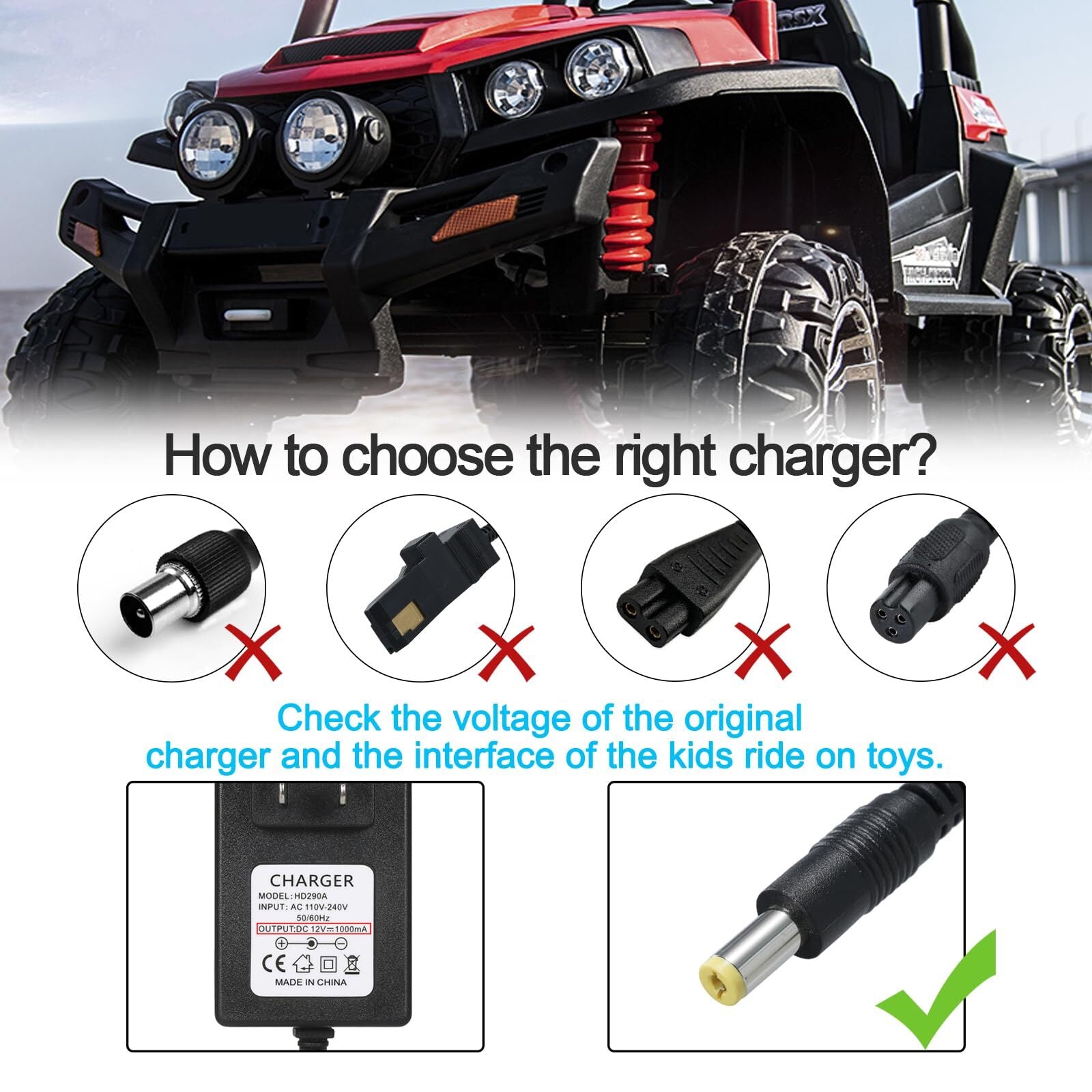 12V Battery Charger for Kids Ride-On Toy Cars and SUVs Trend Times 3