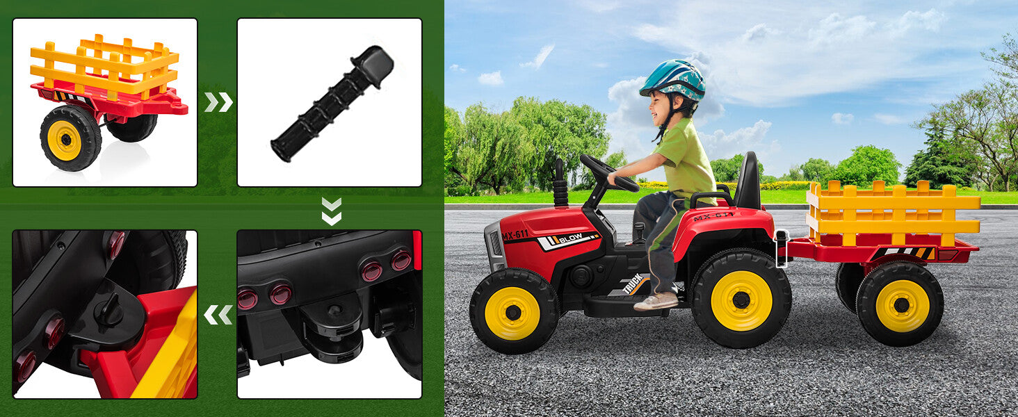 12V Battery-Powered Electric Ride-On Tractor Toy with Trailer and Remote Control for Kids Trend Times 9