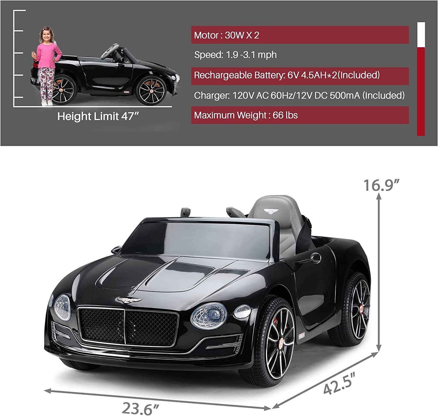 12V Licensed Bentley Style Kids Electric Ride-On Car with Remote Control Trend Times 2
