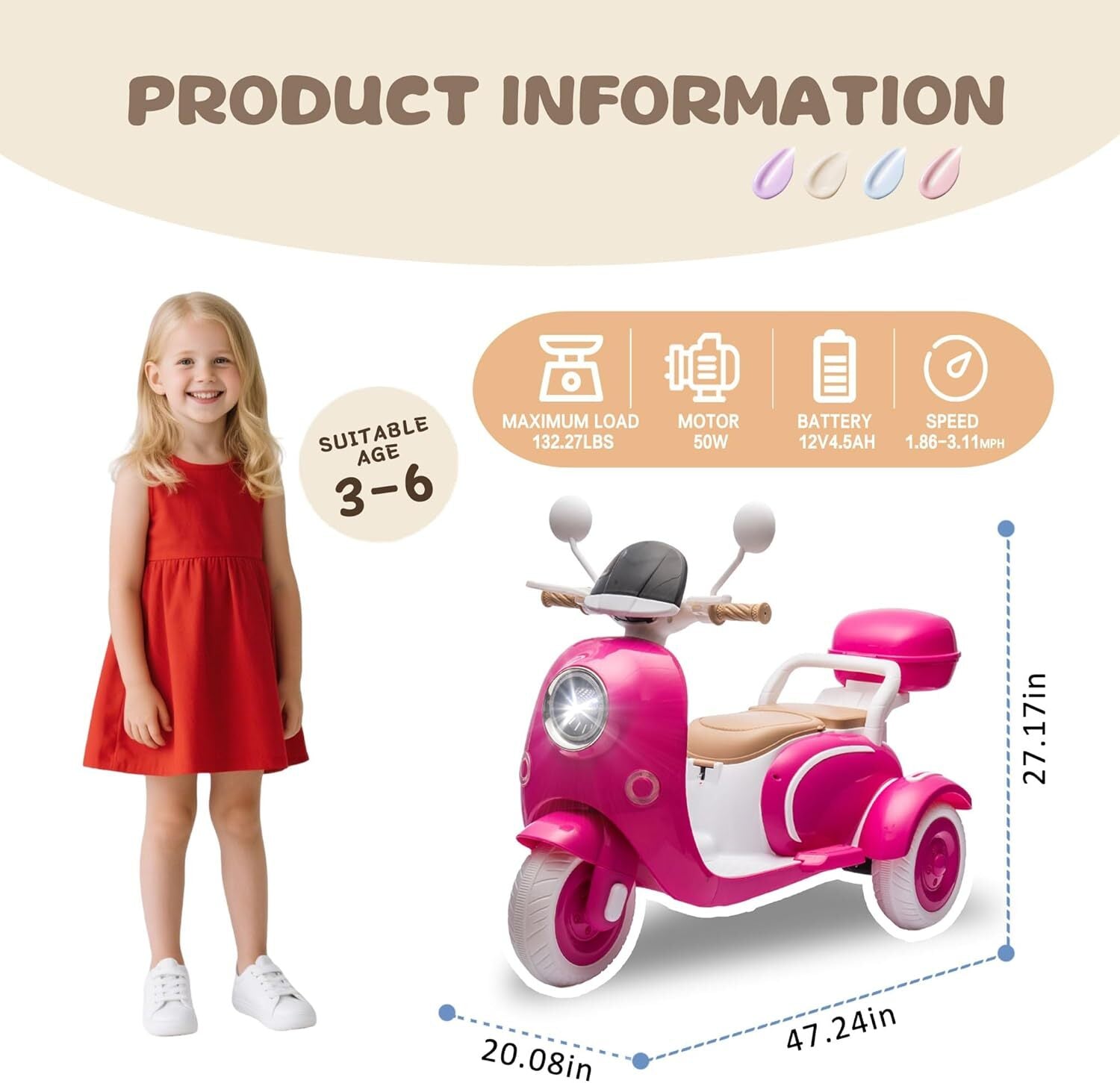 12V Kids Electric 3-Wheel Ride-On Motorcycle Scooter with Dual Motors and 2-Seater Design with LED Lights Trend Times 3