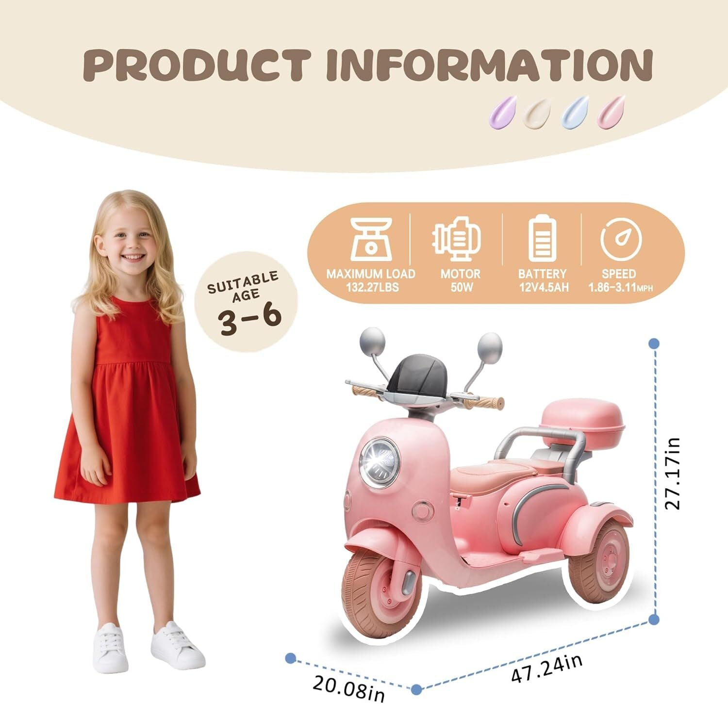 12V Kids Electric Dual Motor Ride-On Tricycle Toy with Bluetooth Music Trend Times 17