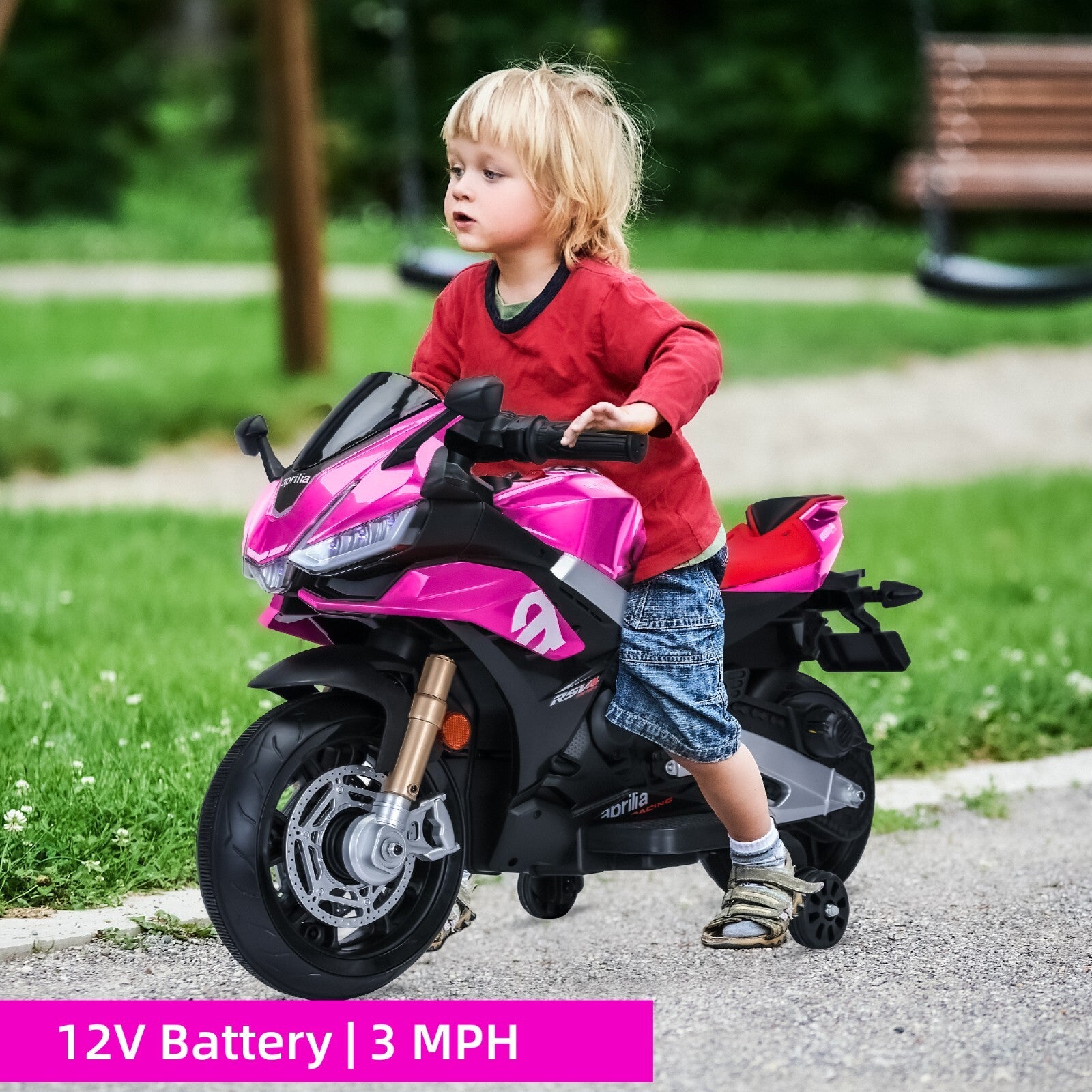 12V Kids Electric Ride-On Motorcycle Toy with Bluetooth Music, Auxiliary Wheels, and LED Lights Trend Times 2