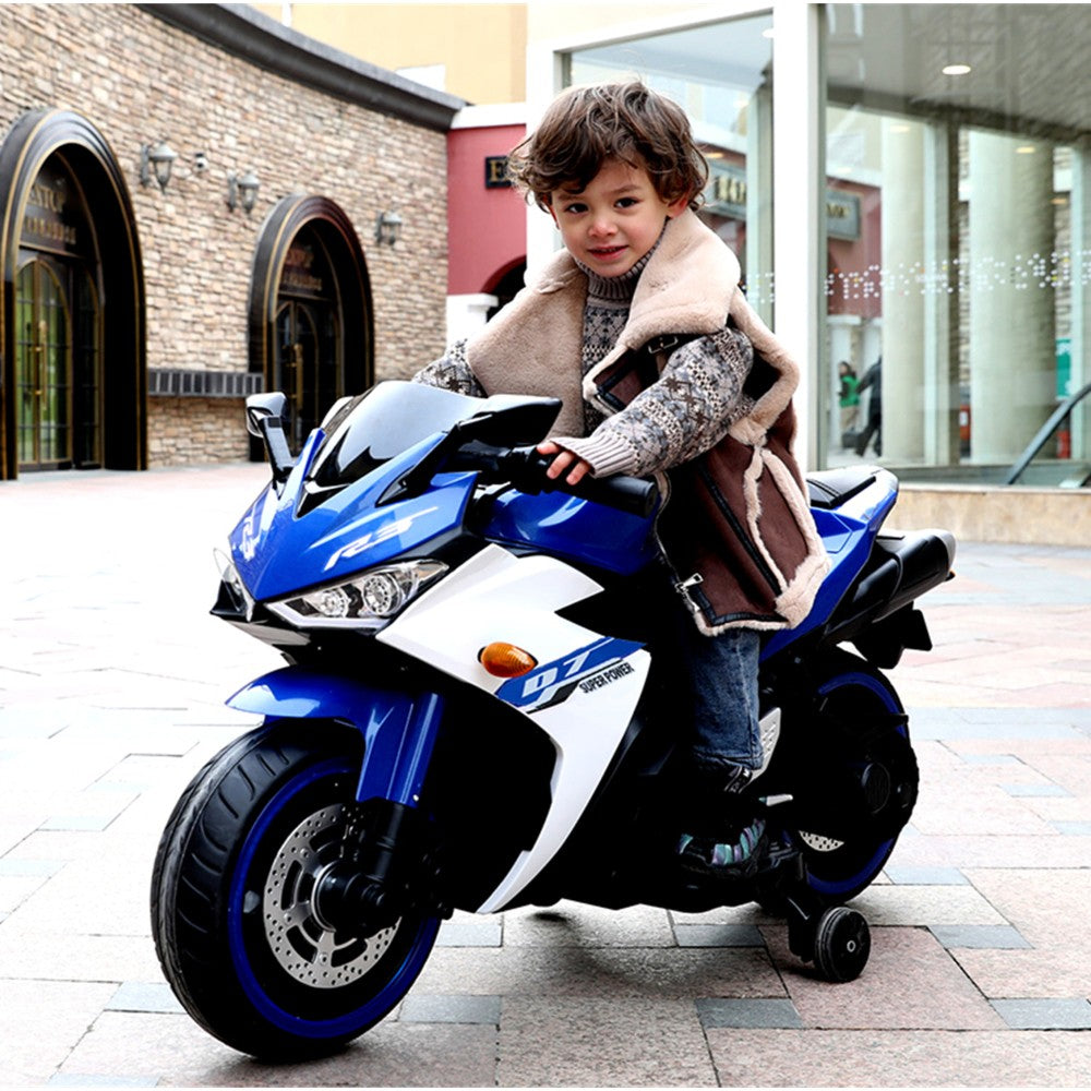 12V Kids Electric Ride-On Motorcycle Toy with Bluetooth Music, Auxiliary Wheels, and LED Lights Trend Times 14