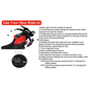 12V Kids Electric Ride-On Motorcycle Toy with Bluetooth Music, Auxiliary Wheels, and LED Lights Trend Times 9