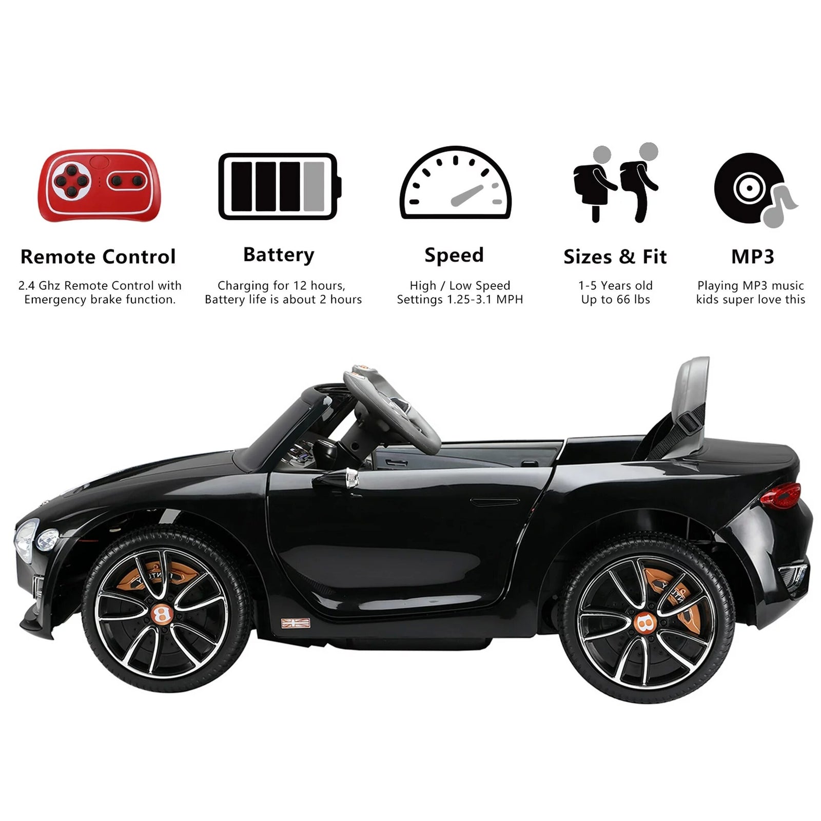 12V Kids Electric Ride-On Car Licensed Bentley Style with Remote Control and LED Lights Trend Times 12