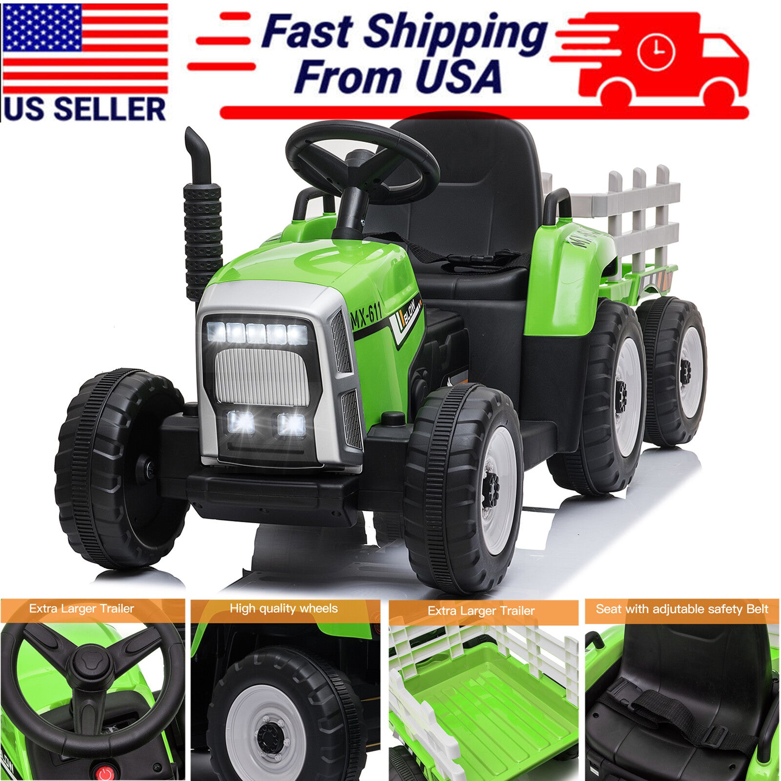 12V Kids Electric Ride-On Tractor Toy with Trailer and 3-Speed Remote Control Trend Times 0