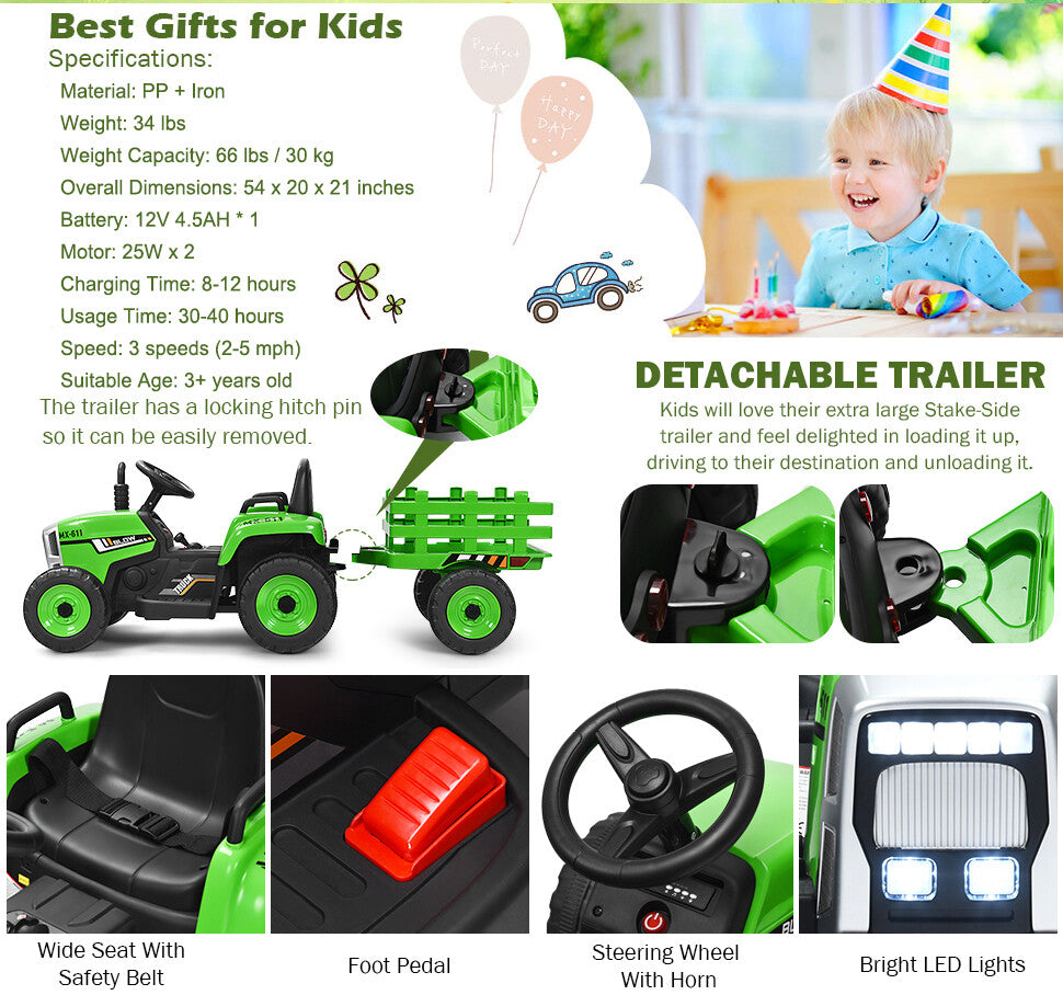 12V Kids Electric Ride-On Tractor Toy with Trailer and Remote Control Trend Times 6