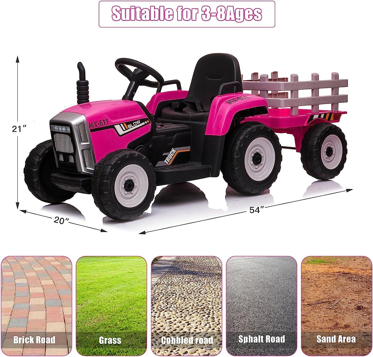 12V Kids Electric Ride On Tractor with Trailer, Battery Powered Toy Car with Remote Control Trend Times 9