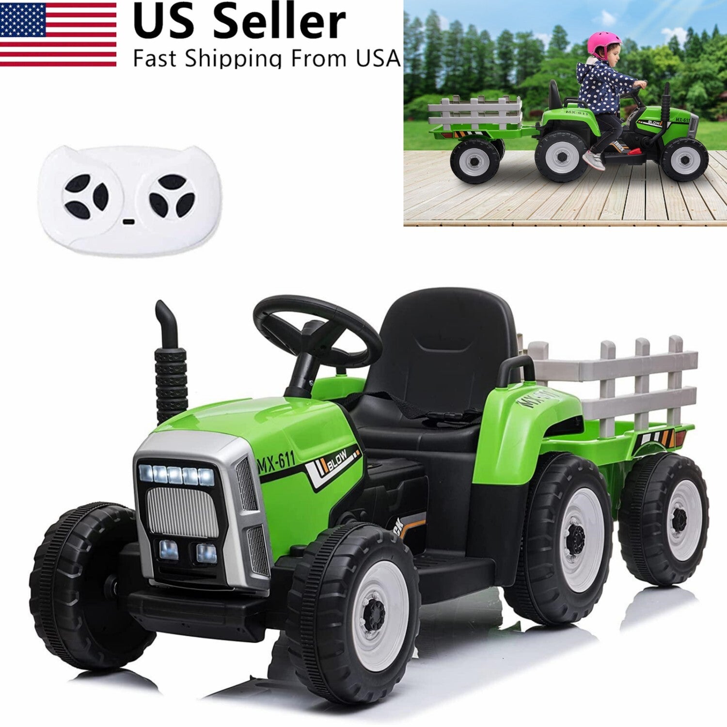 12V Kids Electric Ride-On Tractor with Trailer and 3-Speed Remote Control Toy Vehicle Trend Times Variant 0