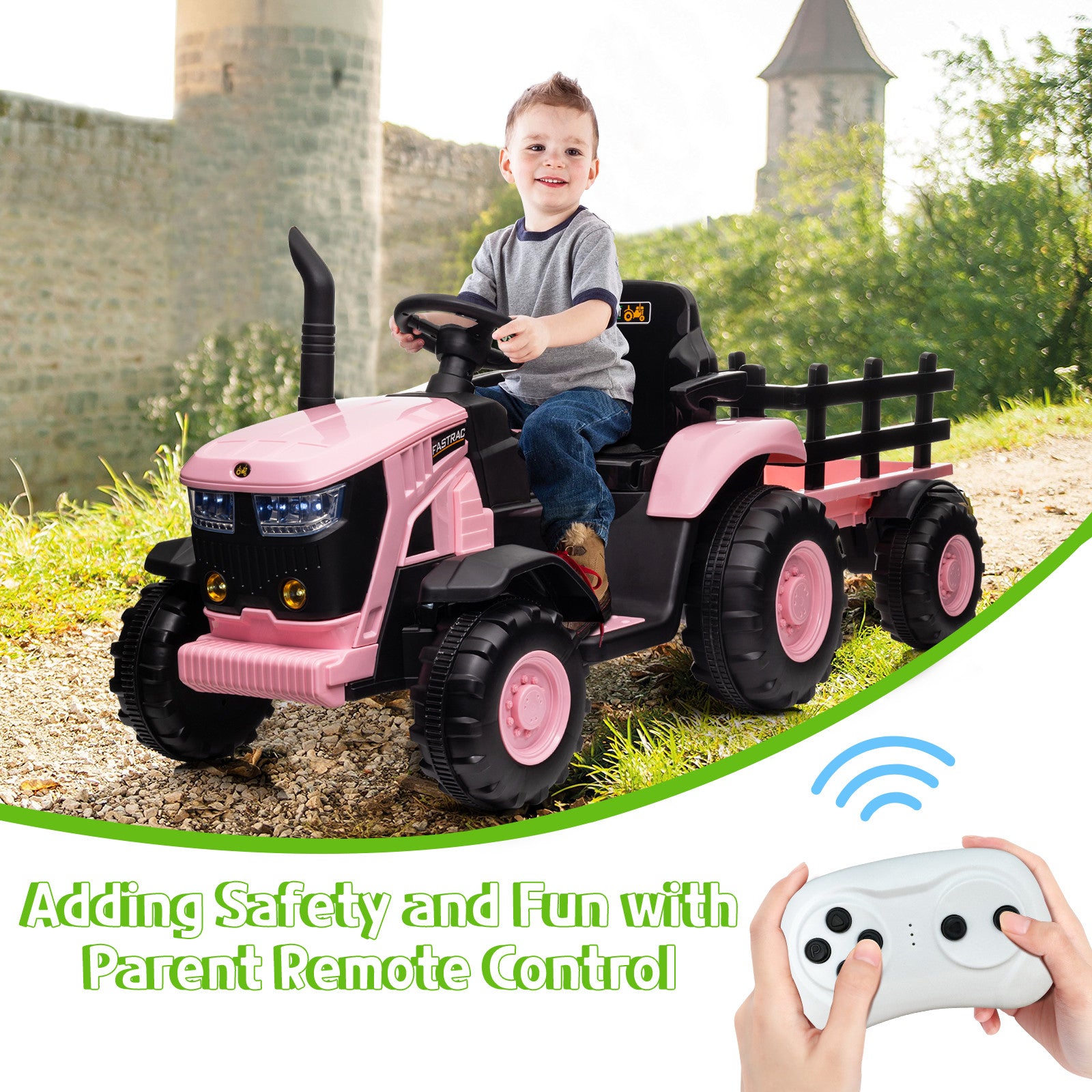 12V Kids Electric Ride-On Tractor with Trailer and Remote Control Toy Car for Toddlers Trend Times 2
