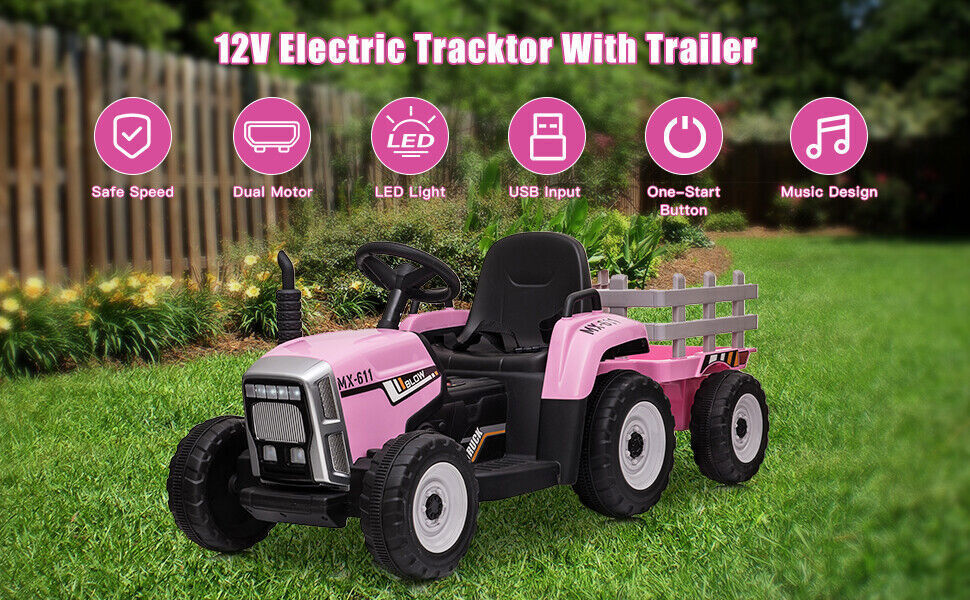12V Electric Kids Tractor with Trailer Toddler Ride-On Car and Remote Control Trend Times 2