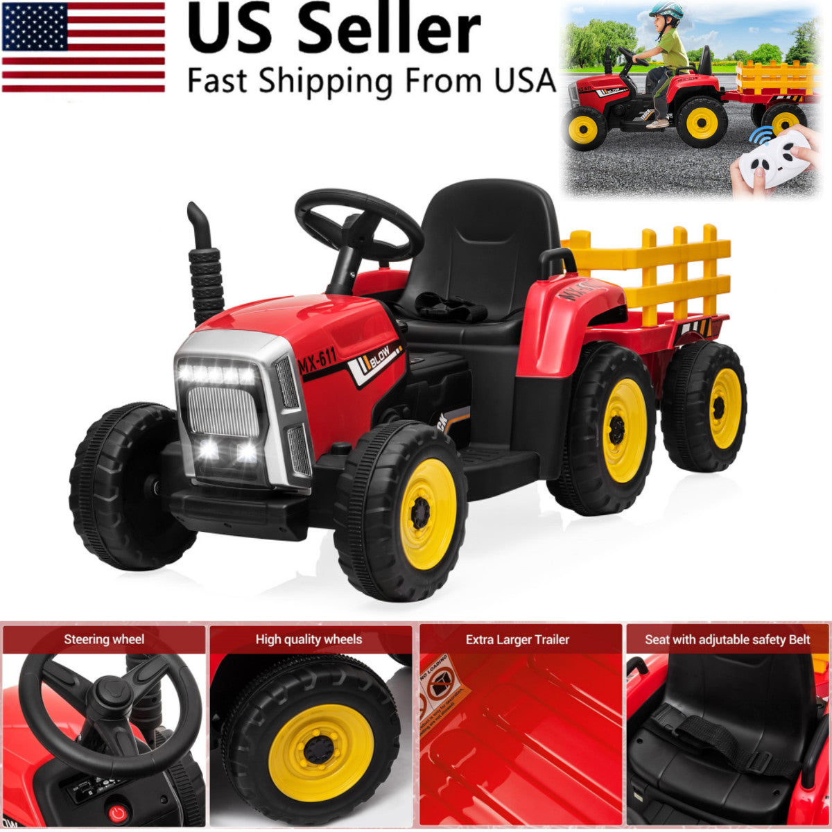 12V Electric Kids Ride-On Tractor with Trailer and Remote Control Trend Times Variant 0