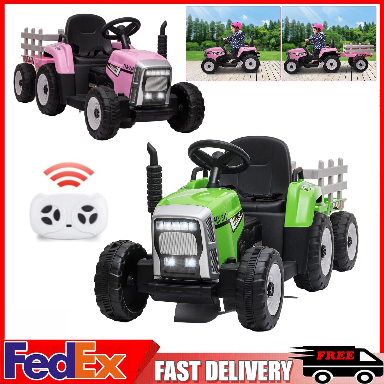 12V Electric Kids Tractor with Trailer Toddler Ride-On Car and Remote Control Trend Times 10