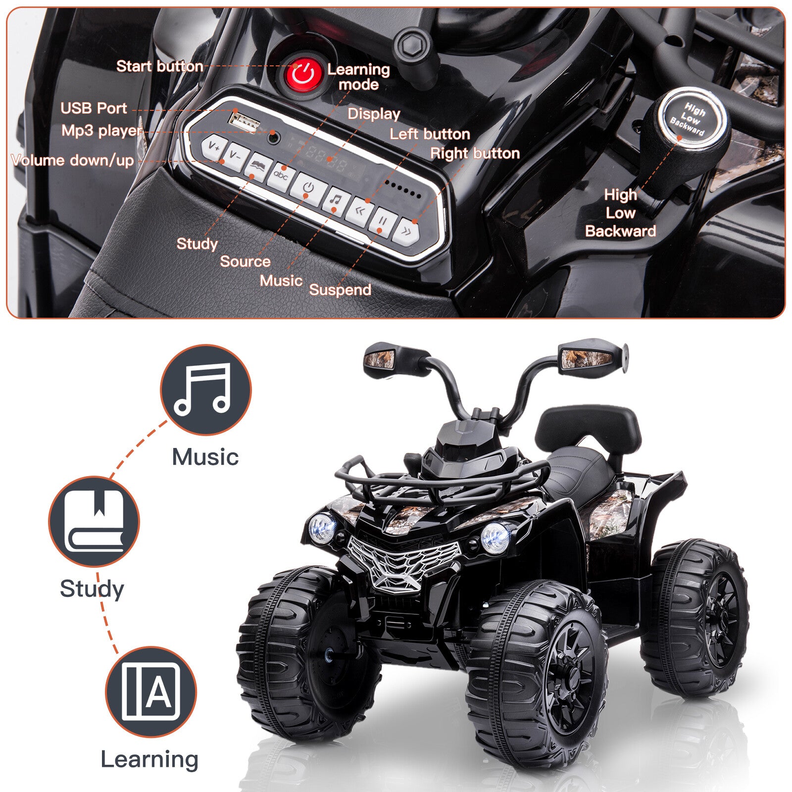 12V Kids Electric Ride-On ATV 4-Wheeler Quad Toy Car with 2 Speeds, Headlights, and MP3 Player Trend Times 6