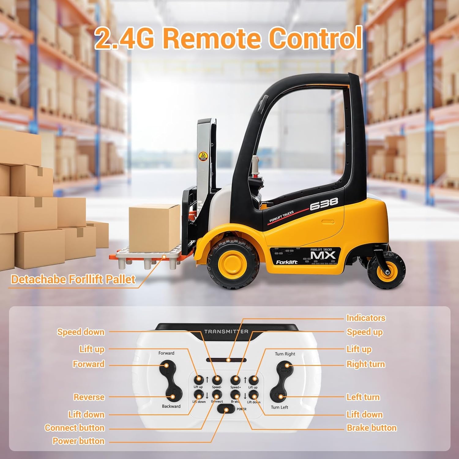 12V Kids Electric Ride-On Forklift Car with Liftable Fork and Remote Control Yellow Trend Times 7