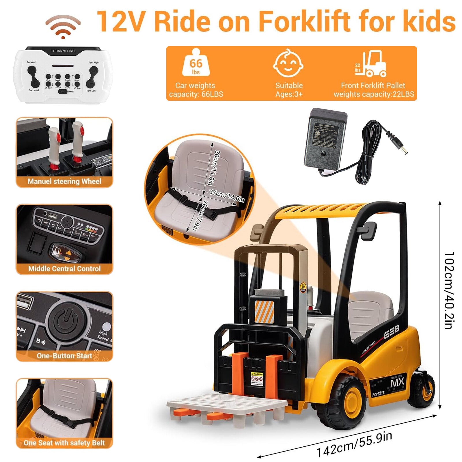 12V Kids Electric Ride-On Forklift Car with Liftable Fork and Remote Control Yellow Trend Times Variant 0