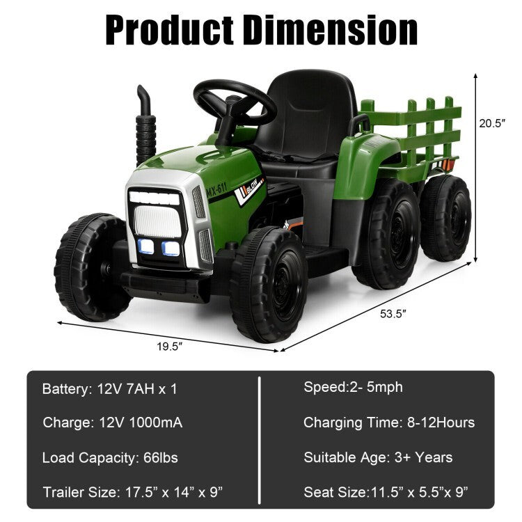 12V Kids Electric Ride-On Tractor with Detachable Trailer and Safety Belt Trend Times 2