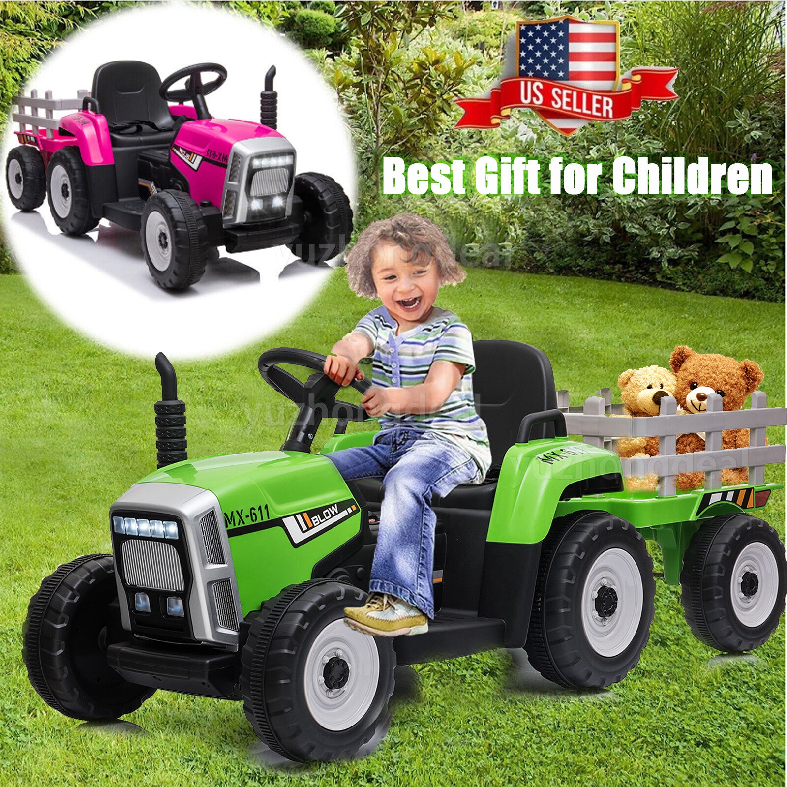 12V Kids Electric Ride-On Tractor with Trailer, Remote Control, MP3 Player, and LED Lights Trend Times 1