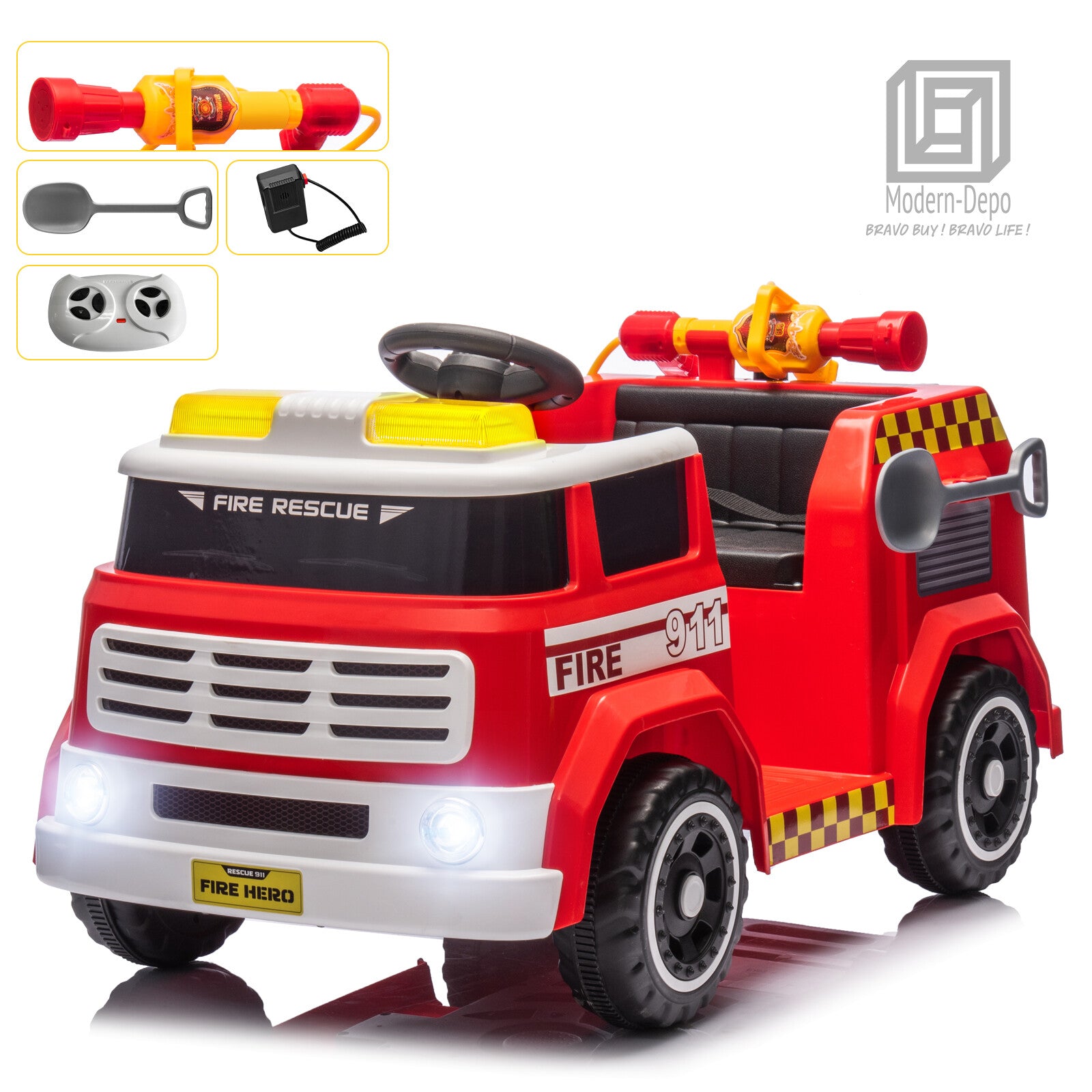 12V Kids Ride-On Firefighter Truck Toy with Fire Gun, Shovel, Loudspeaker, and Music Trend Times 0