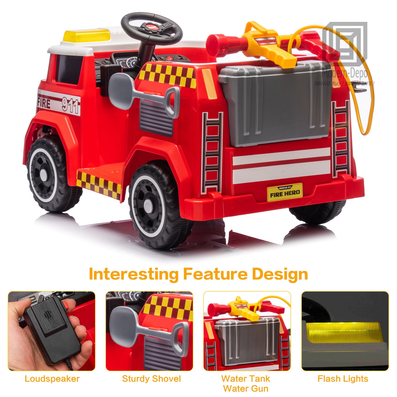 12V Kids Ride-On Firefighter Truck Toy with Fire Gun, Shovel, Loudspeaker, and Music Trend Times 2