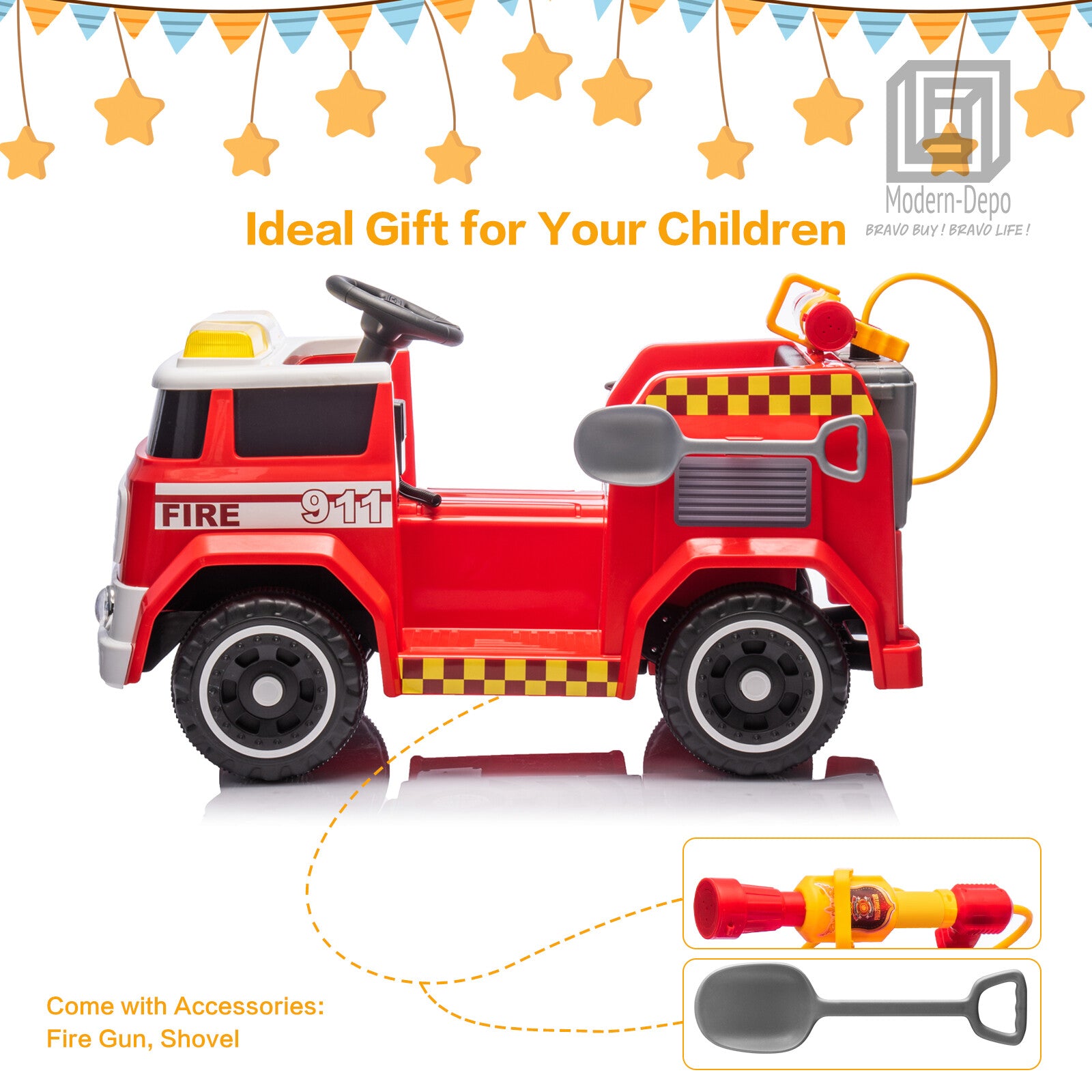 12V Kids Ride-On Firefighter Truck Toy with Fire Gun, Shovel, Loudspeaker, and Music Trend Times 6