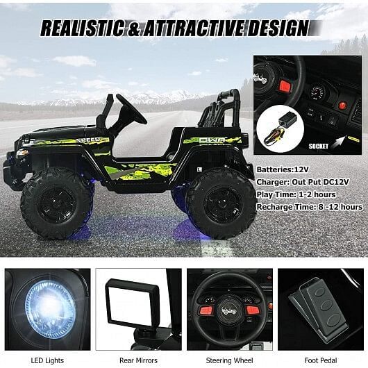 12V Kids Ride-On Jeep Car with 2.4G Remote Control - Black and Green Trend Times 2