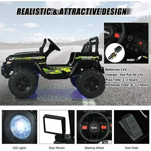 12V Kids Ride-On Jeep Car with 2.4G Remote Control in Black and Green Trend Times 2