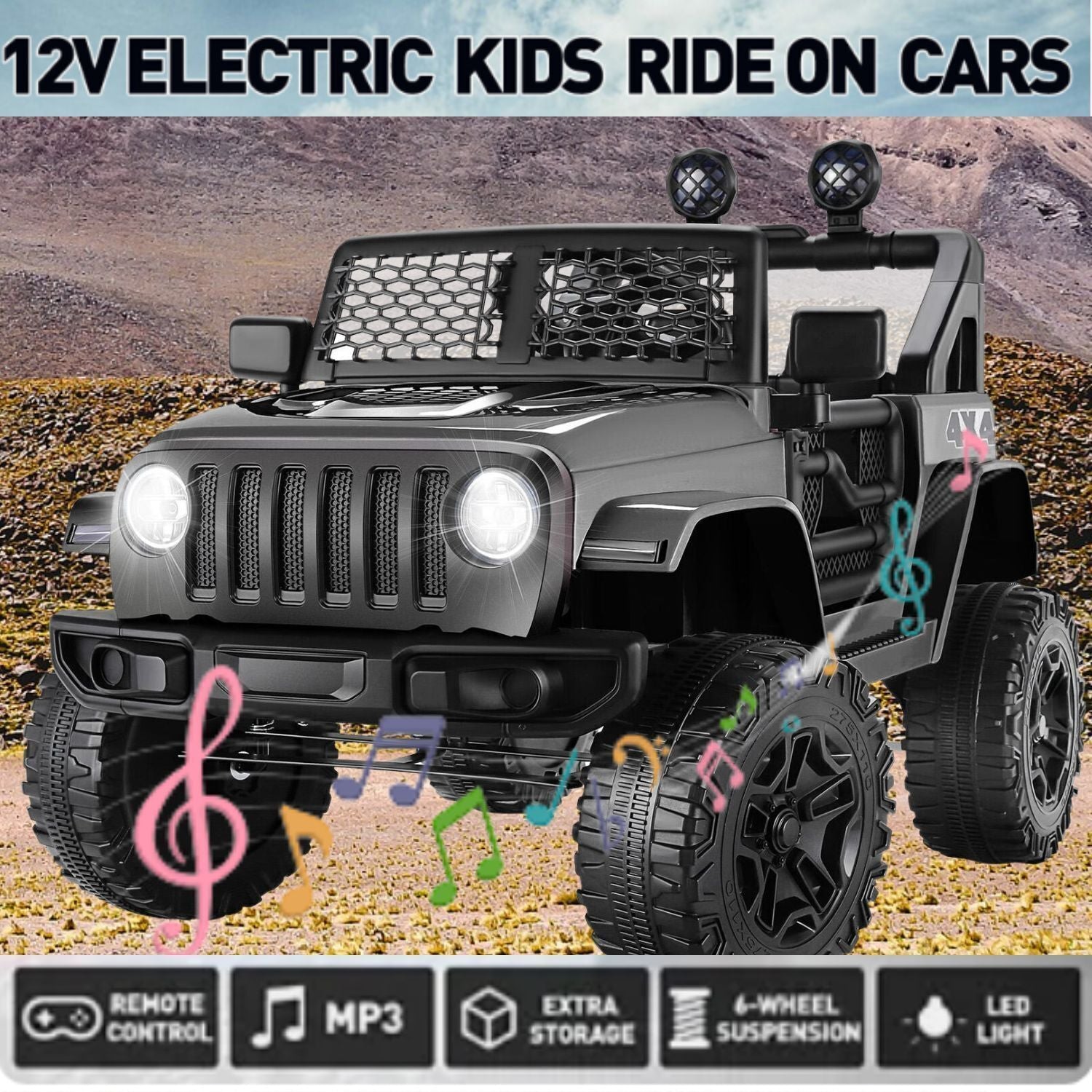 12V Electric 2-Seater Kids Ride-On Jeep Truck with Remote Control, MP3, LED Lights, and 7AH Battery Trend Times 3