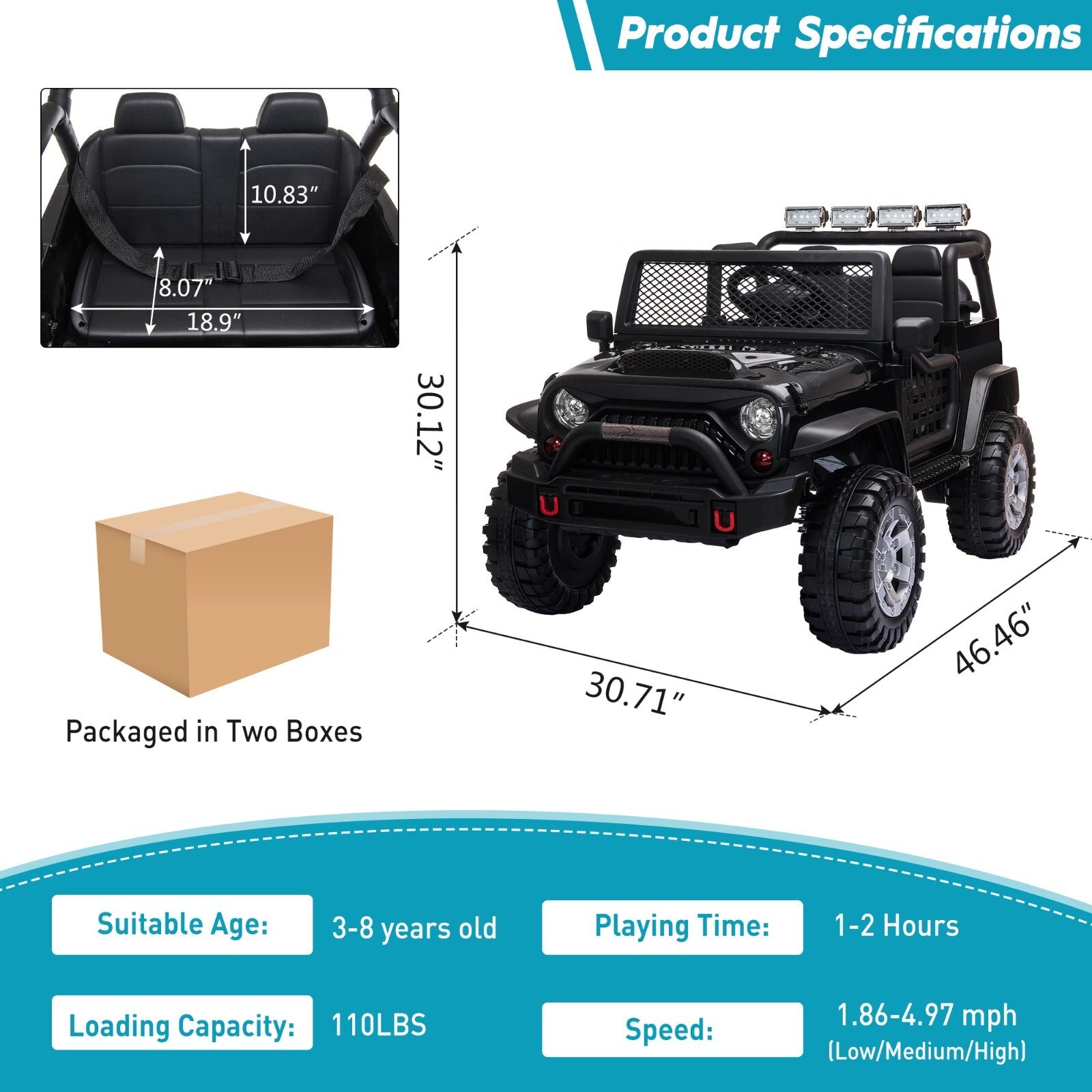 12V Electric Ride-On Jeep with Remote Control for Kids Ages 3-8 Black Trend Times 2