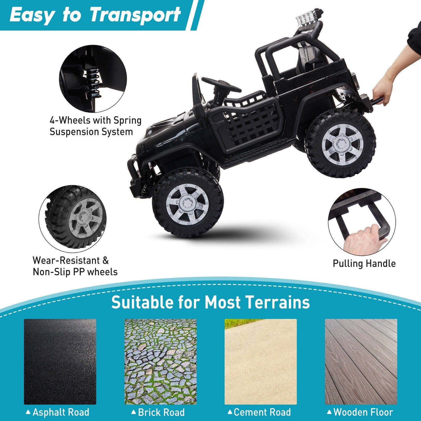 12V Electric Ride-On Jeep with Remote Control for Kids Ages 3-8 Black Trend Times 3