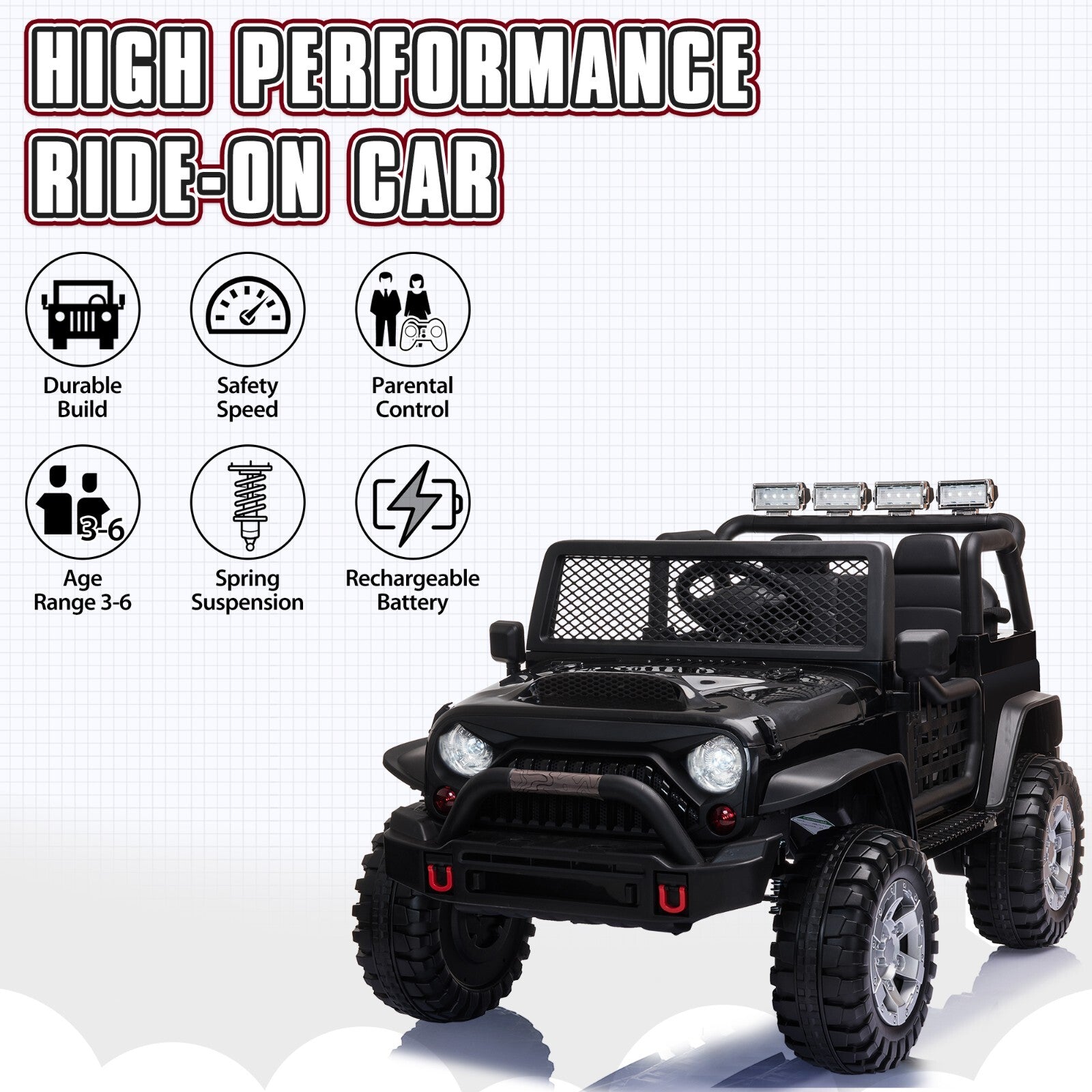 12V Electric Ride-On Jeep with Remote Control for Kids Ages 3-8 Black Trend Times 4