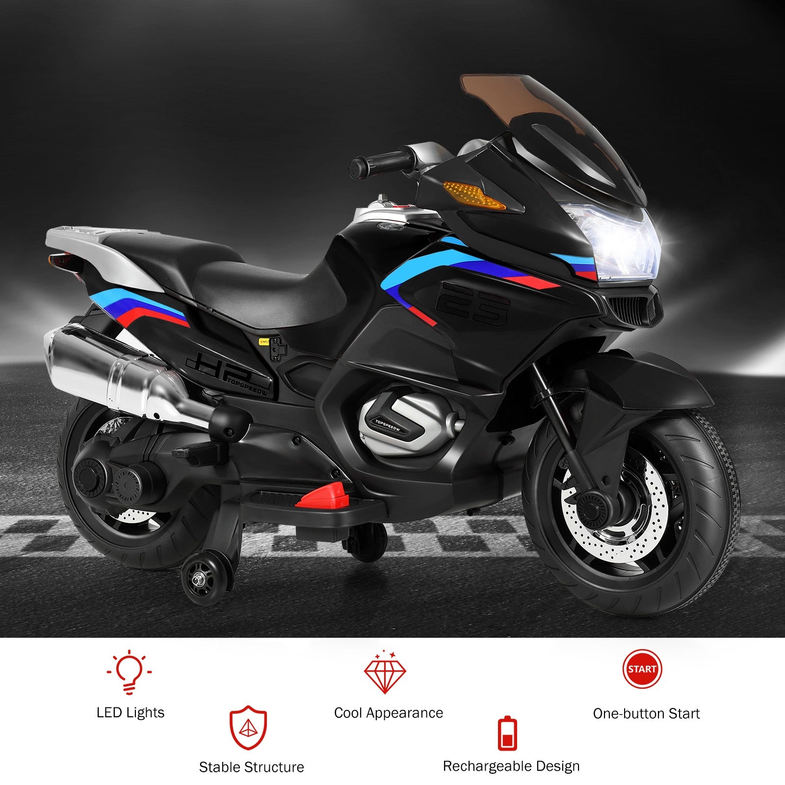 12V Kids Electric Ride-On Motorcycle with Training Wheels and Lights – Black Trend Times 5