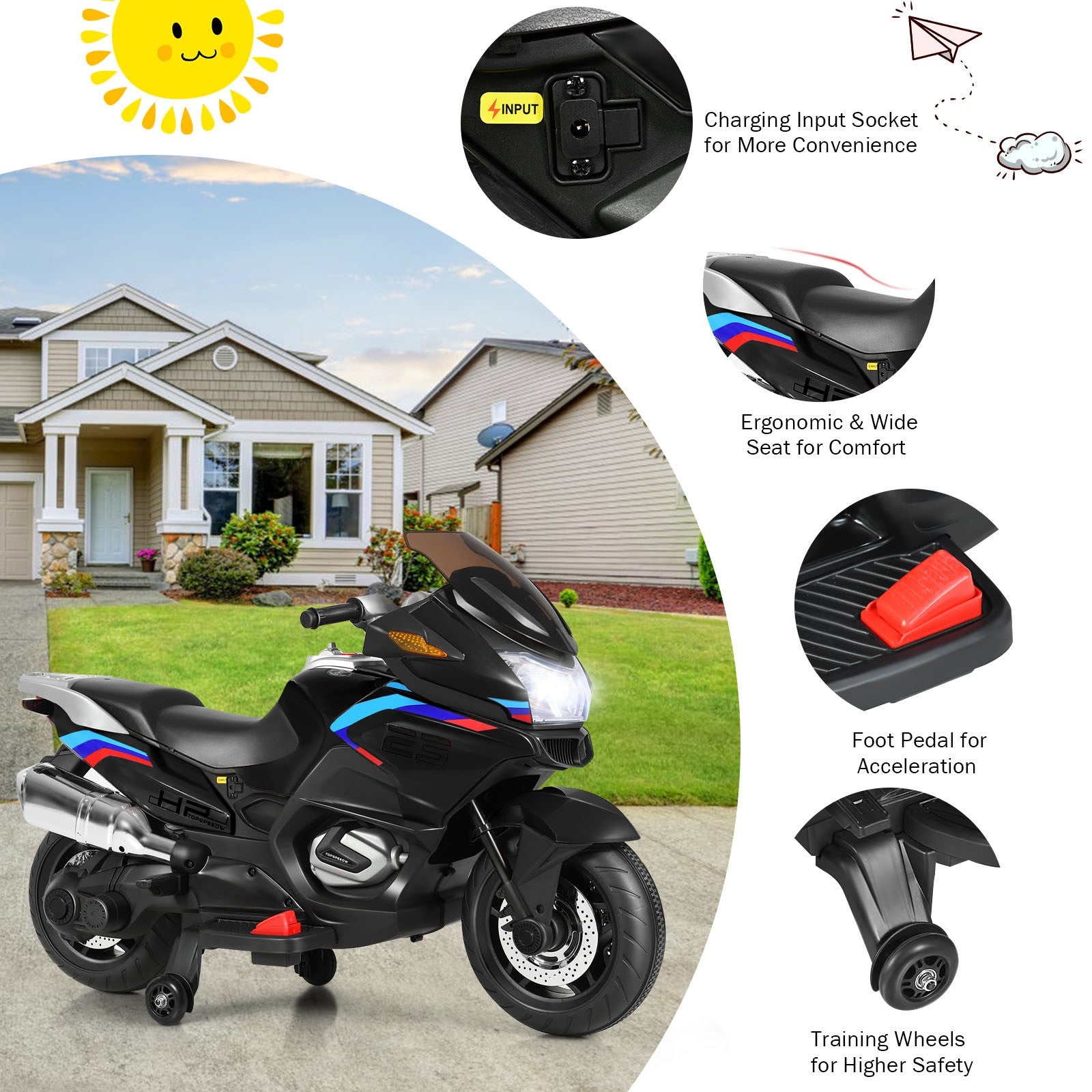 12V Kids Electric Ride-On Motorcycle with Training Wheels and Lights – Black Trend Times 9
