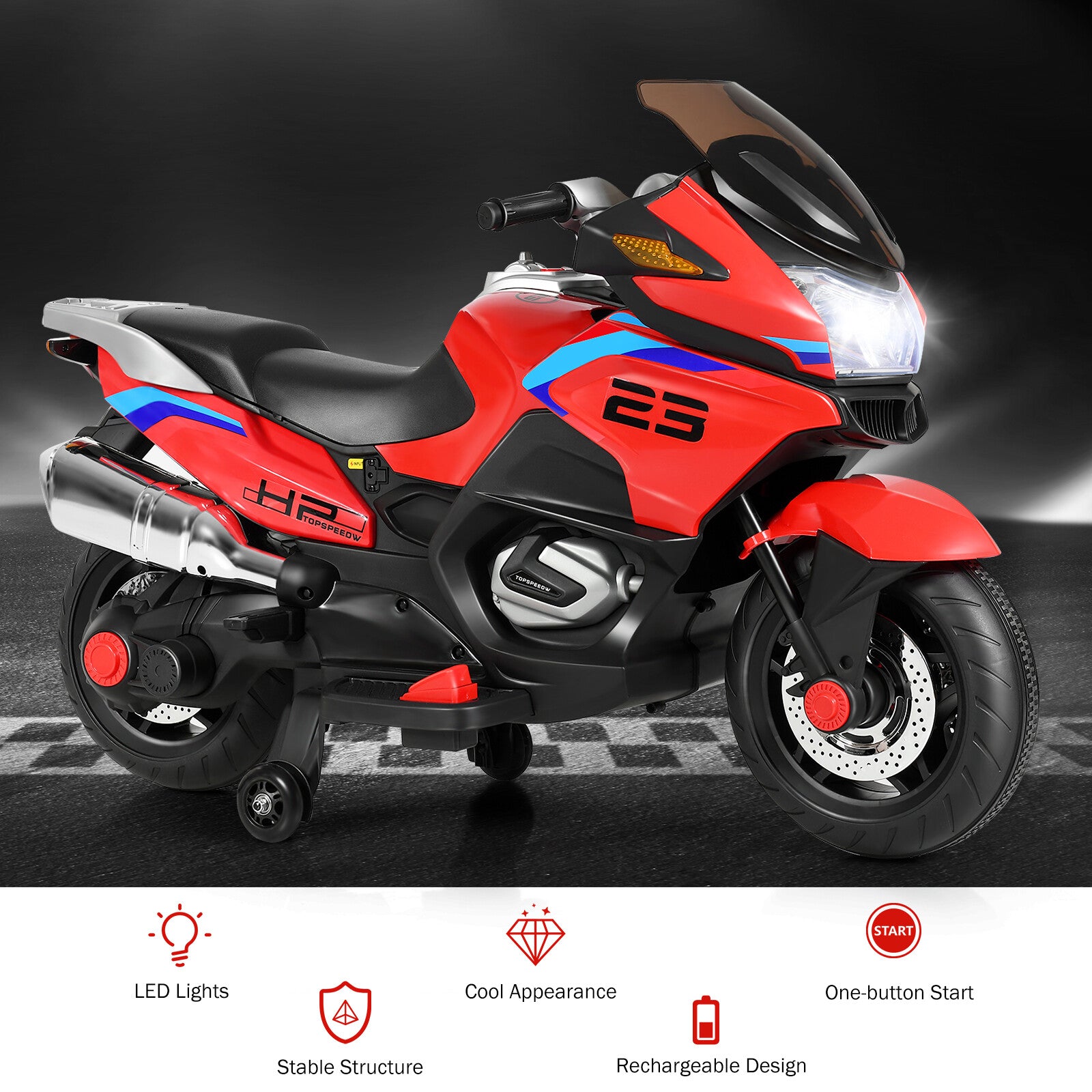 12V Electric Kids Ride-On Motorcycle with Training Wheels and Lights Red Trend Times 5