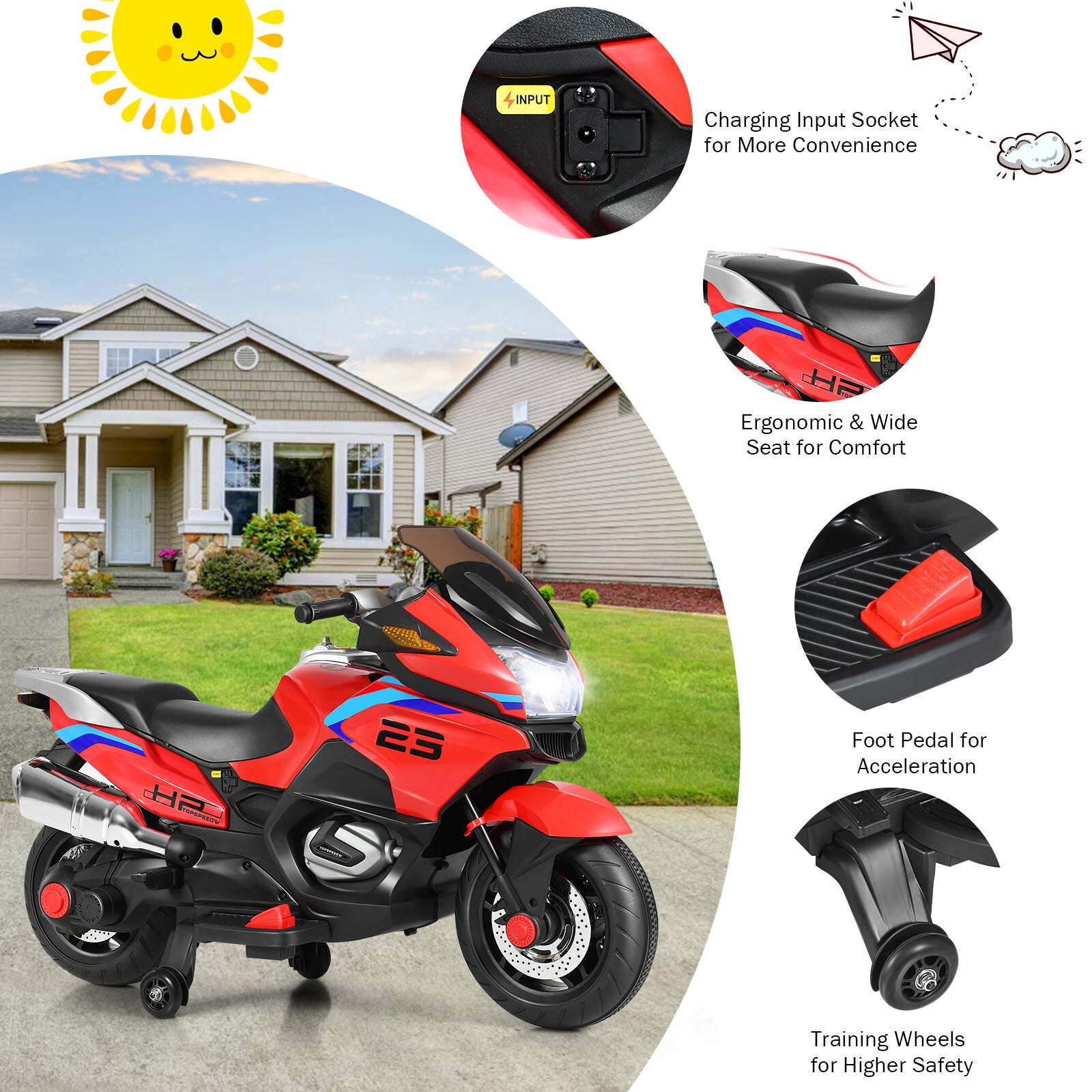 12V Electric Kids Ride-On Motorcycle with Training Wheels and Lights Red Trend Times 9
