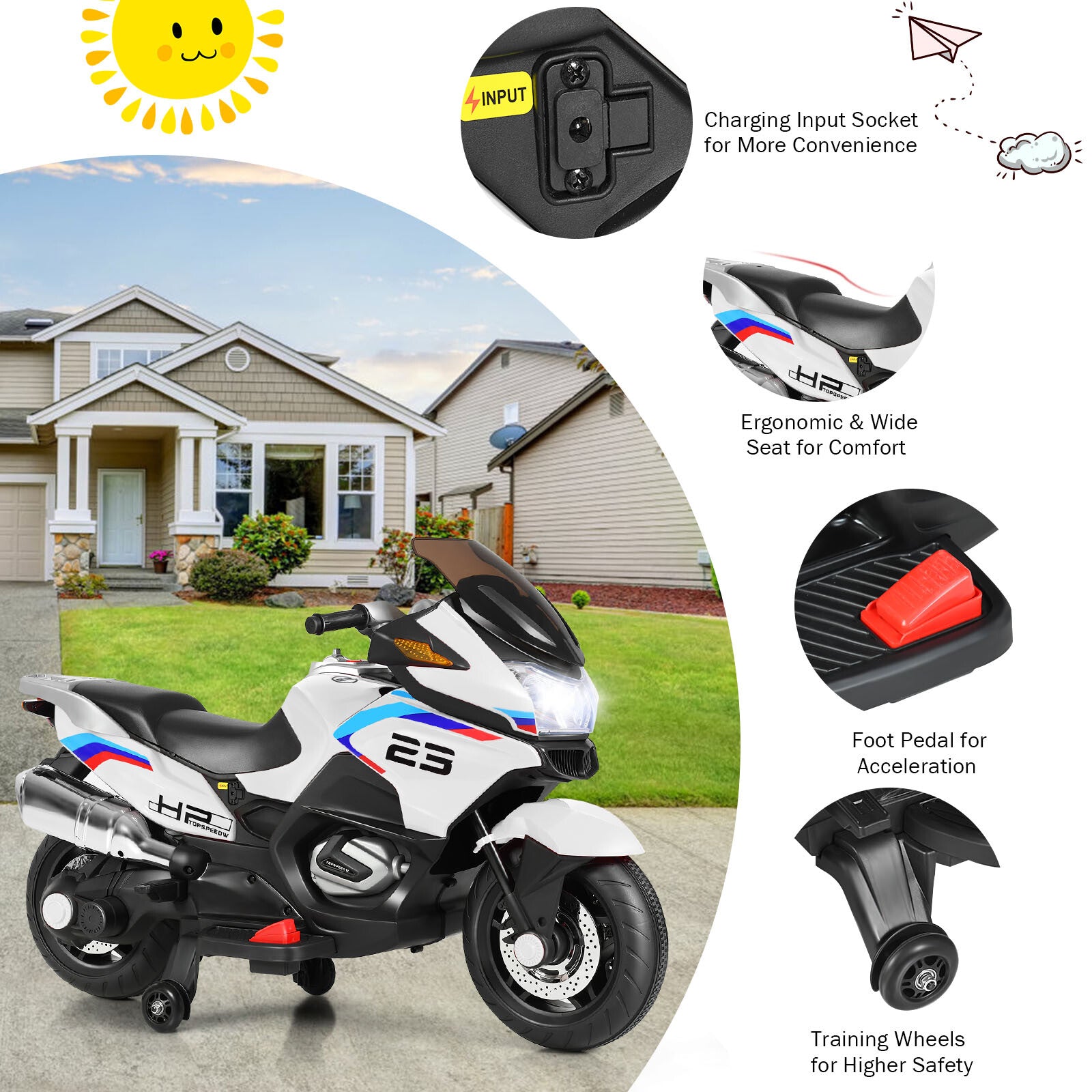 12V Kids Electric Ride-On Motorcycle with Training Wheels, Lights, and Music Trend Times 9