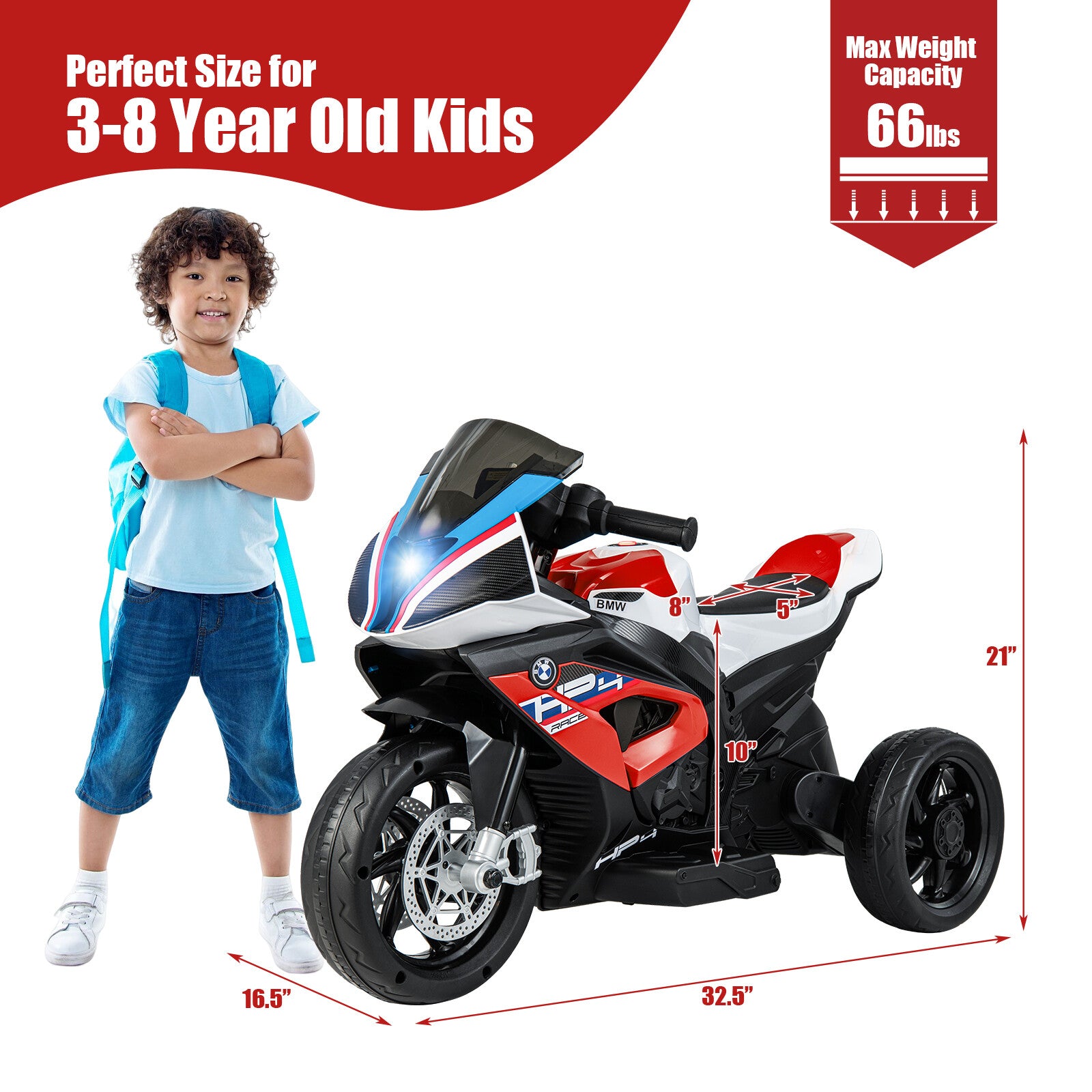 12V Kids Ride-On Motorcycle with Bright LED Headlights and Non-Slip Wheels Red Trend Times 1