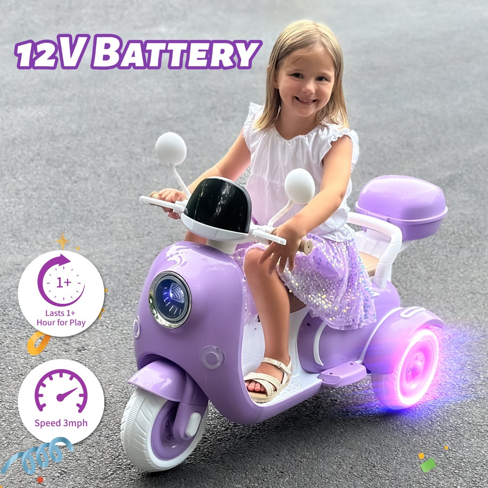 12V Kids Electric Ride-On Moped Motorcycle 2-Seater with Bluetooth and LED Lights Trend Times 1
